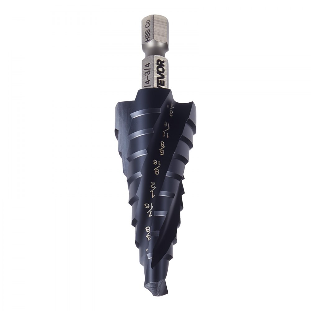 VEVOR Step Drill Bit, 1/4 to 3/4 inch, 1/4 inch Hex Shank, TiAlN Coating Cobalt HSS High Speed Steel, Four Spiral Flute Step Bit for Metal, Stainless Steel, Aluminum, Wood, Plastic, Fiberglass