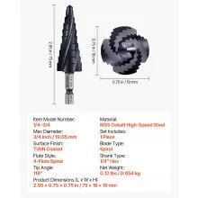 VEVOR Step Drill Bit 1/4 to 3/4 inch with 1/4 inch Hex Shank High Speed Steel