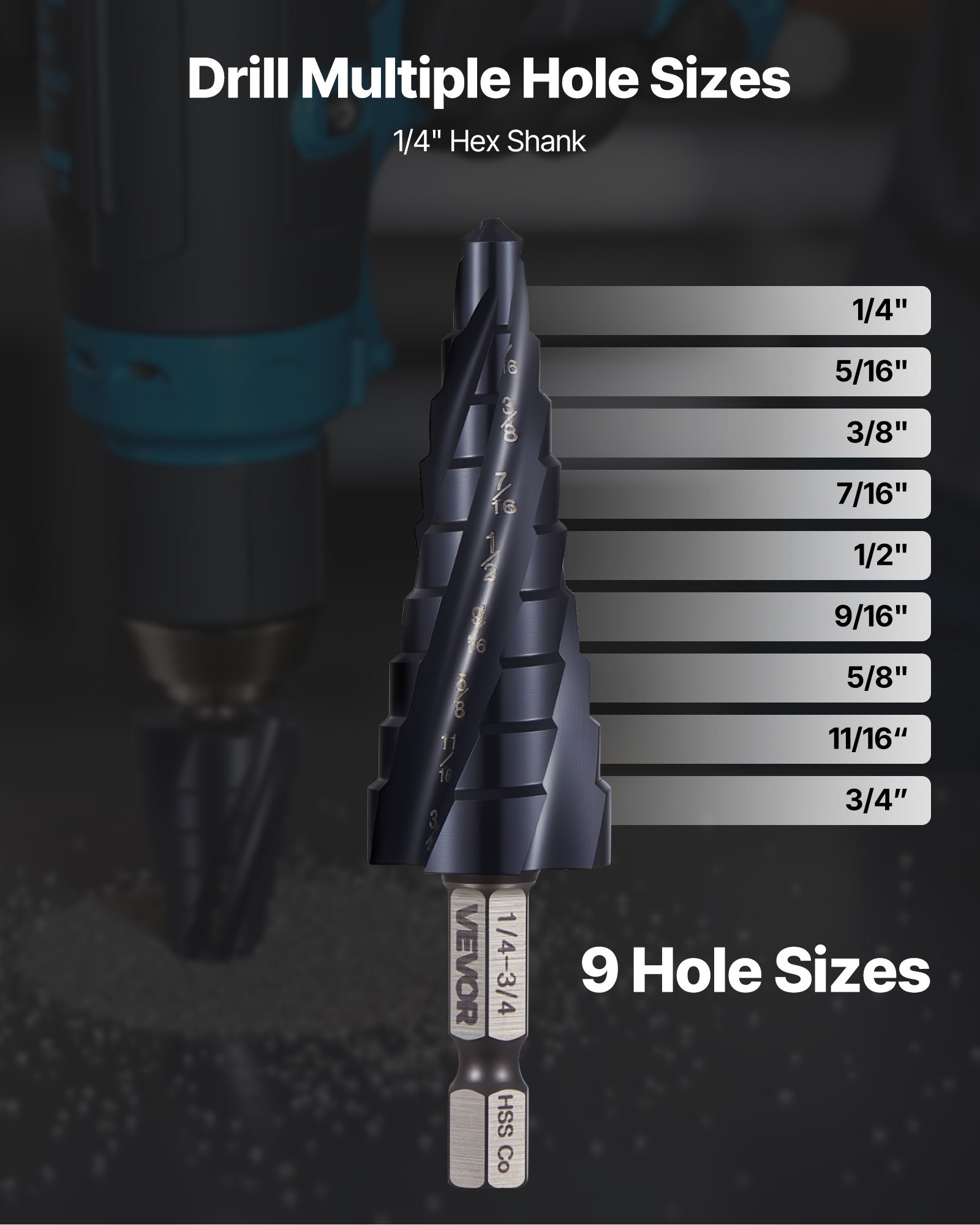 VEVOR Step Drill Bit, 1/4 to 3/4 inch, 1/4 inch Hex Shank, TiAlN Coating Cobalt HSS High Speed Steel, Four Spiral Flute Step Bit for Metal, Stainless Steel, Aluminum, Wood, Plastic, Fiberglass