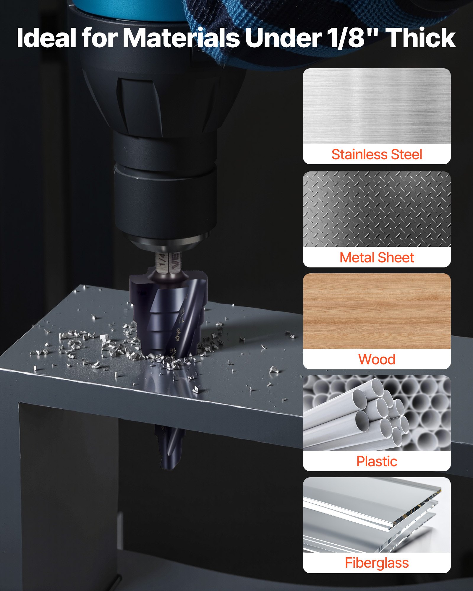 VEVOR Step Drill Bit, 1/4 to 3/4 inch, 1/4 inch Hex Shank, TiAlN Coating Cobalt HSS High Speed Steel, Four Spiral Flute Step Bit for Metal, Stainless Steel, Aluminum, Wood, Plastic, Fiberglass