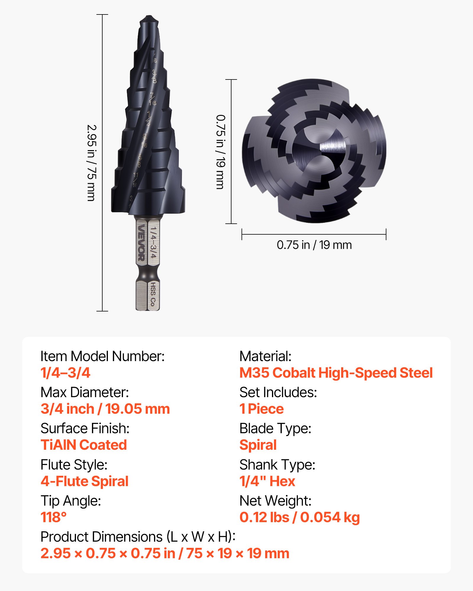 VEVOR Step Drill Bit, 1/4 to 3/4 inch, 1/4 inch Hex Shank, TiAlN Coating Cobalt HSS High Speed Steel, Four Spiral Flute Step Bit for Metal, Stainless Steel, Aluminum, Wood, Plastic, Fiberglass
