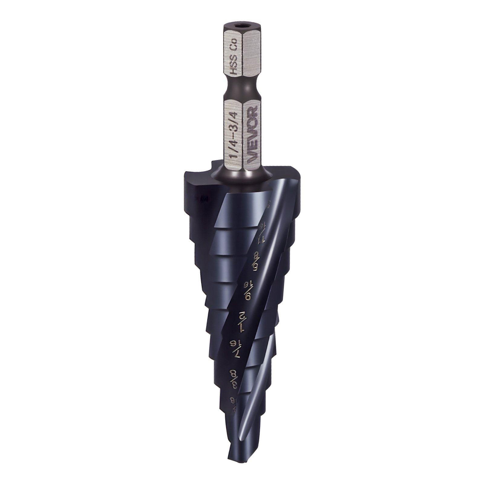 VEVOR Step Drill Bit, 1/4 to 3/4 inch, 1/4 inch Hex Shank, TiAlN Coating Cobalt HSS High Speed Steel, Four Spiral Flute Step Bit for Metal, Stainless Steel, Aluminum, Wood, Plastic, Fiberglass