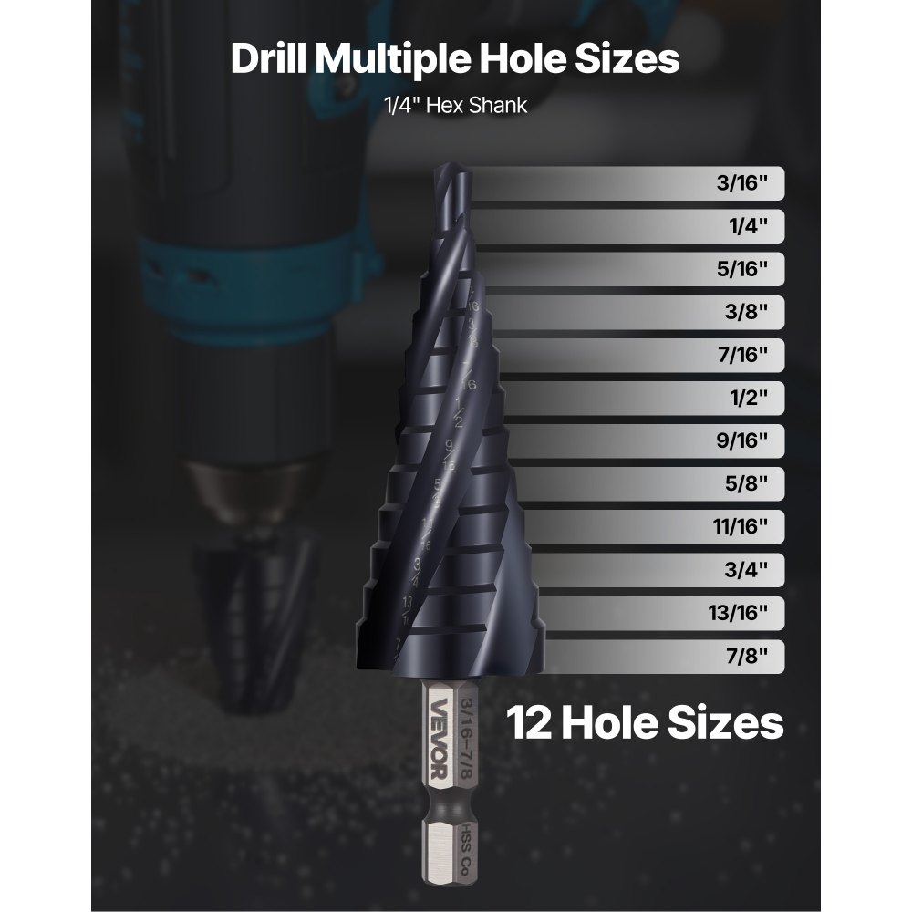 VEVOR Step Drill Bit, 3/16 to 7/8 inch, 1/4 inch Hex Shank, TiAlN Coating Cobalt HSS High Speed Steel, Four Spiral Flute Step Bit for Metal, Stainless Steel, Aluminum, Wood, Plastic, Fiberglass