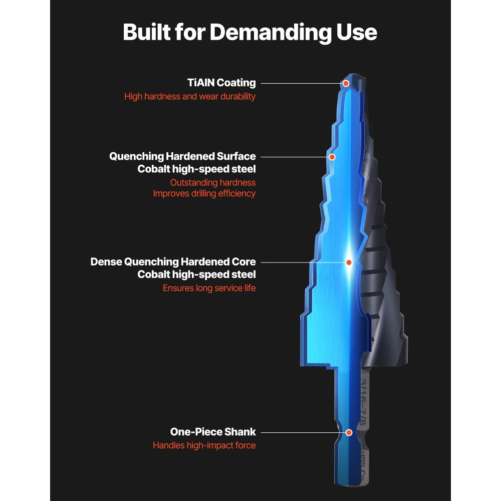 VEVOR Step Drill Bit, 3/16 to 7/8 inch, 1/4 inch Hex Shank, TiAlN Coating Cobalt HSS High Speed Steel, Four Spiral Flute Step Bit for Metal, Stainless Steel, Aluminum, Wood, Plastic, Fiberglass