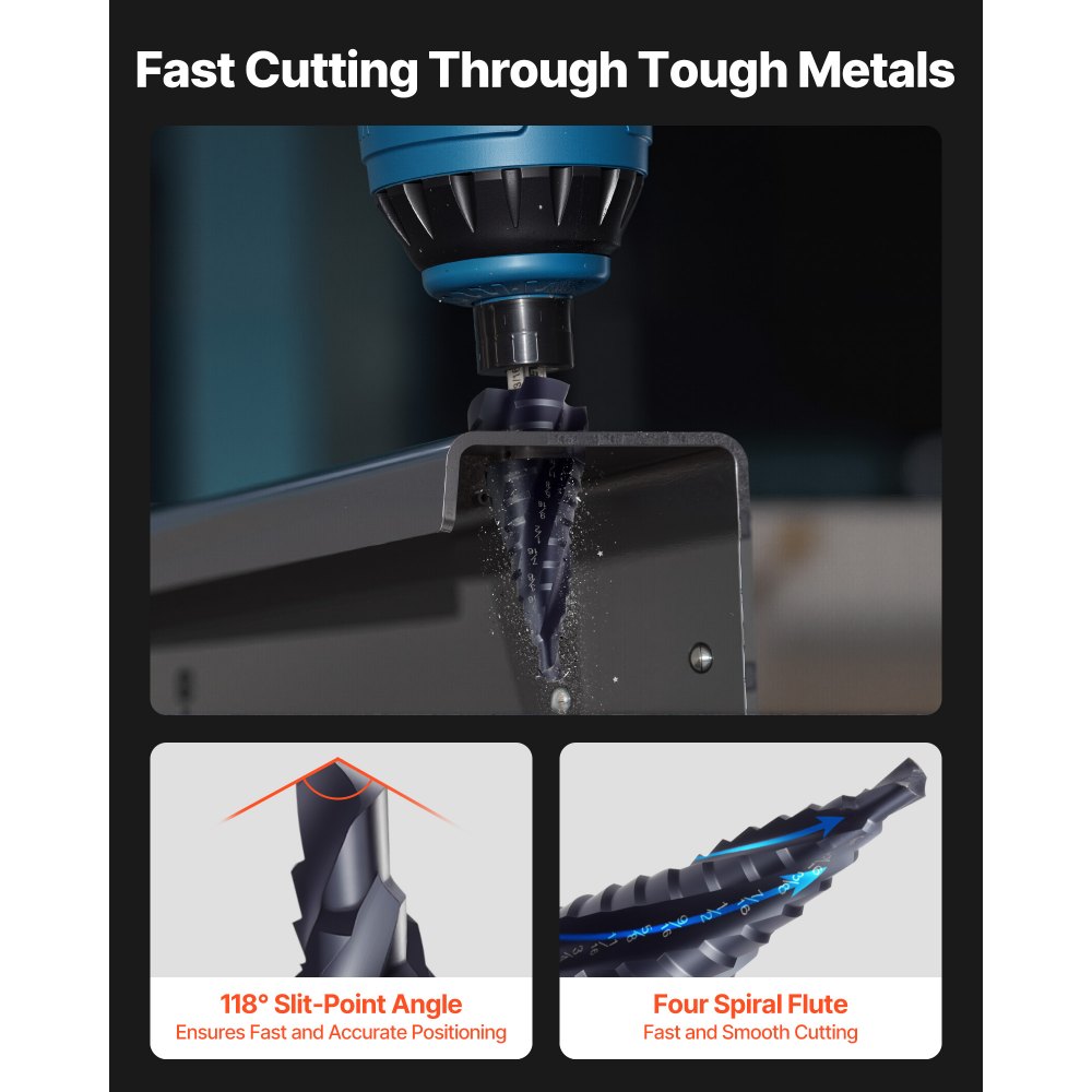 VEVOR Step Drill Bit, 3/16 to 7/8 inch, 1/4 inch Hex Shank, TiAlN Coating Cobalt HSS High Speed Steel, Four Spiral Flute Step Bit for Metal, Stainless Steel, Aluminum, Wood, Plastic, Fiberglass