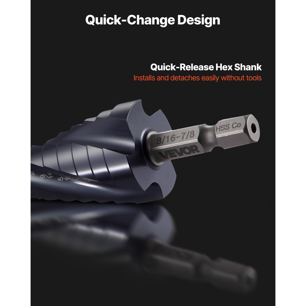 VEVOR Step Drill Bit, 3/16 to 7/8 inch, 1/4 inch Hex Shank, TiAlN Coating Cobalt HSS High Speed Steel, Four Spiral Flute Step Bit for Metal, Stainless Steel, Aluminum, Wood, Plastic, Fiberglass