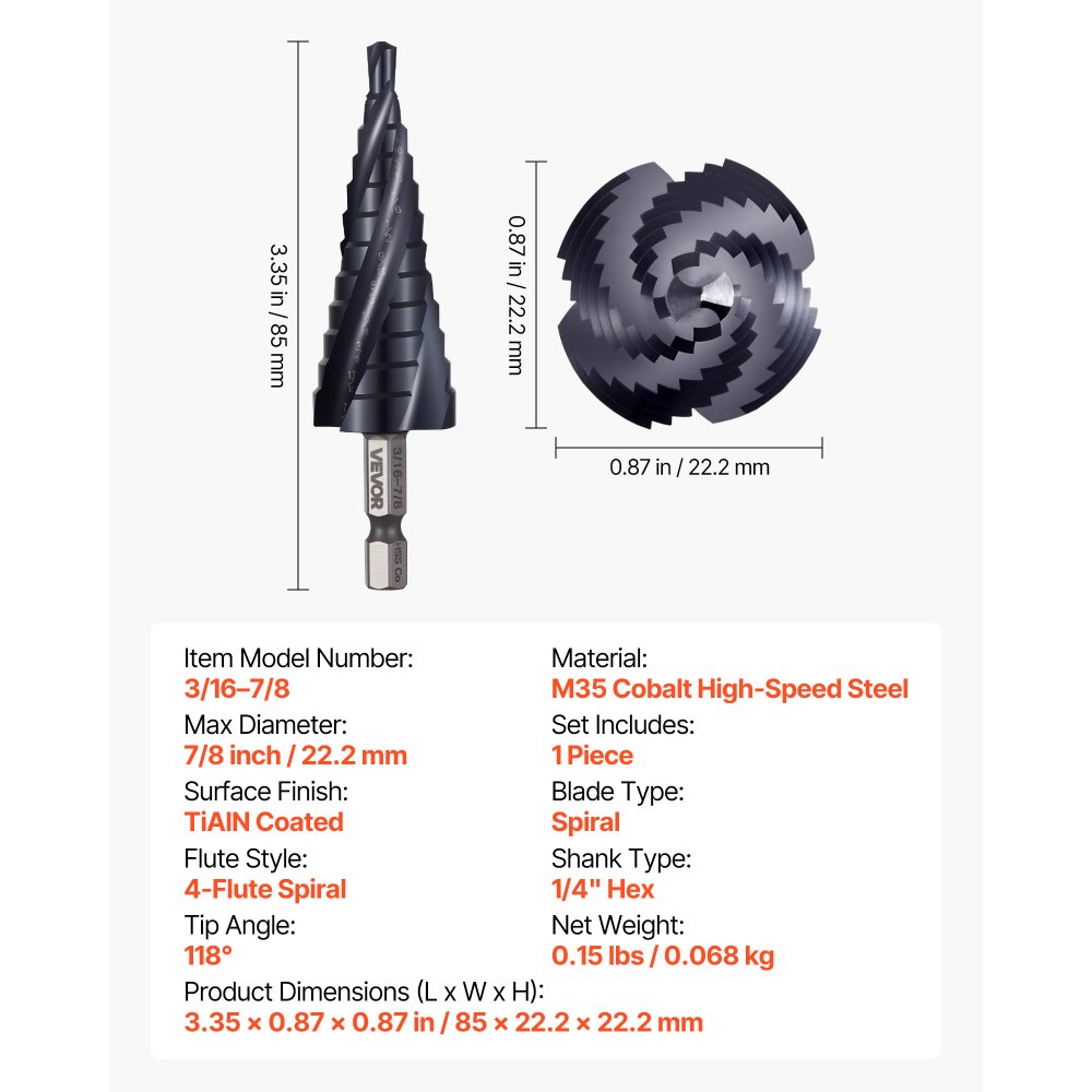 VEVOR Step Drill Bit, 3/16 to 7/8 inch, 1/4 inch Hex Shank, TiAlN Coating Cobalt HSS High Speed Steel, Four Spiral Flute Step Bit for Metal, Stainless Steel, Aluminum, Wood, Plastic, Fiberglass