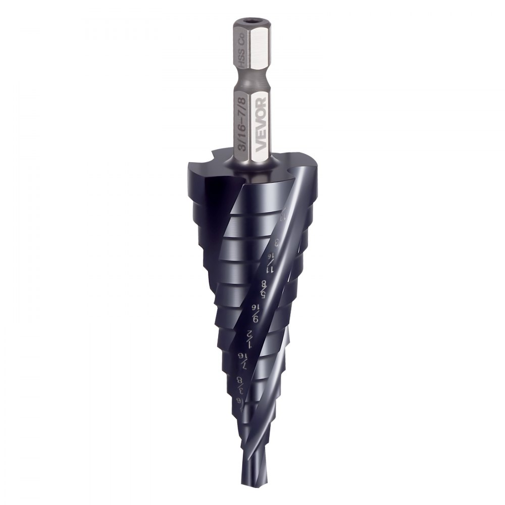 VEVOR Step Drill Bit, 3/16 to 7/8 inch, 1/4 inch Hex Shank, TiAlN Coating Cobalt HSS High Speed Steel, Four Spiral Flute Step Bit for Metal, Stainless Steel, Aluminum, Wood, Plastic, Fiberglass