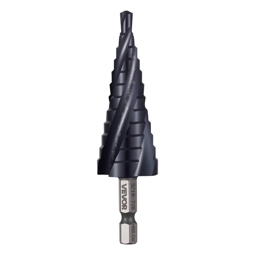 VEVOR Step Drill Bit, 3/16 to 7/8 inch, 1/4 inch Hex Shank, TiAlN Coating Cobalt HSS High Speed Steel, Four Spiral Flute Step Bit for Metal, Stainless Steel, Aluminum, Wood, Plastic, Fiberglass