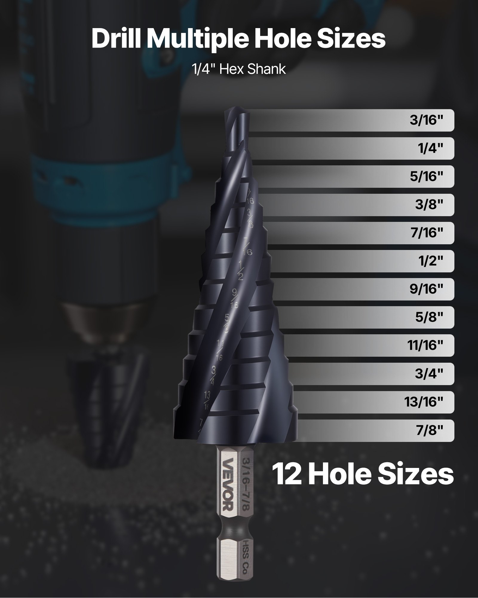 VEVOR Step Drill Bit, 3/16 to 7/8 inch, 1/4 inch Hex Shank, TiAlN Coating Cobalt HSS High Speed Steel, Four Spiral Flute Step Bit for Metal, Stainless Steel, Aluminum, Wood, Plastic, Fiberglass