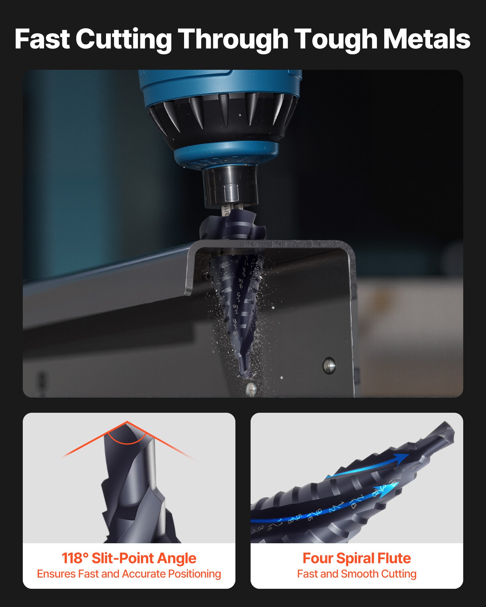 VEVOR Step Drill Bit, 3/16 to 7/8 inch, 1/4 inch Hex Shank, TiAlN Coating Cobalt HSS High Speed Steel, Four Spiral Flute Step Bit for Metal, Stainless Steel, Aluminum, Wood, Plastic, Fiberglass