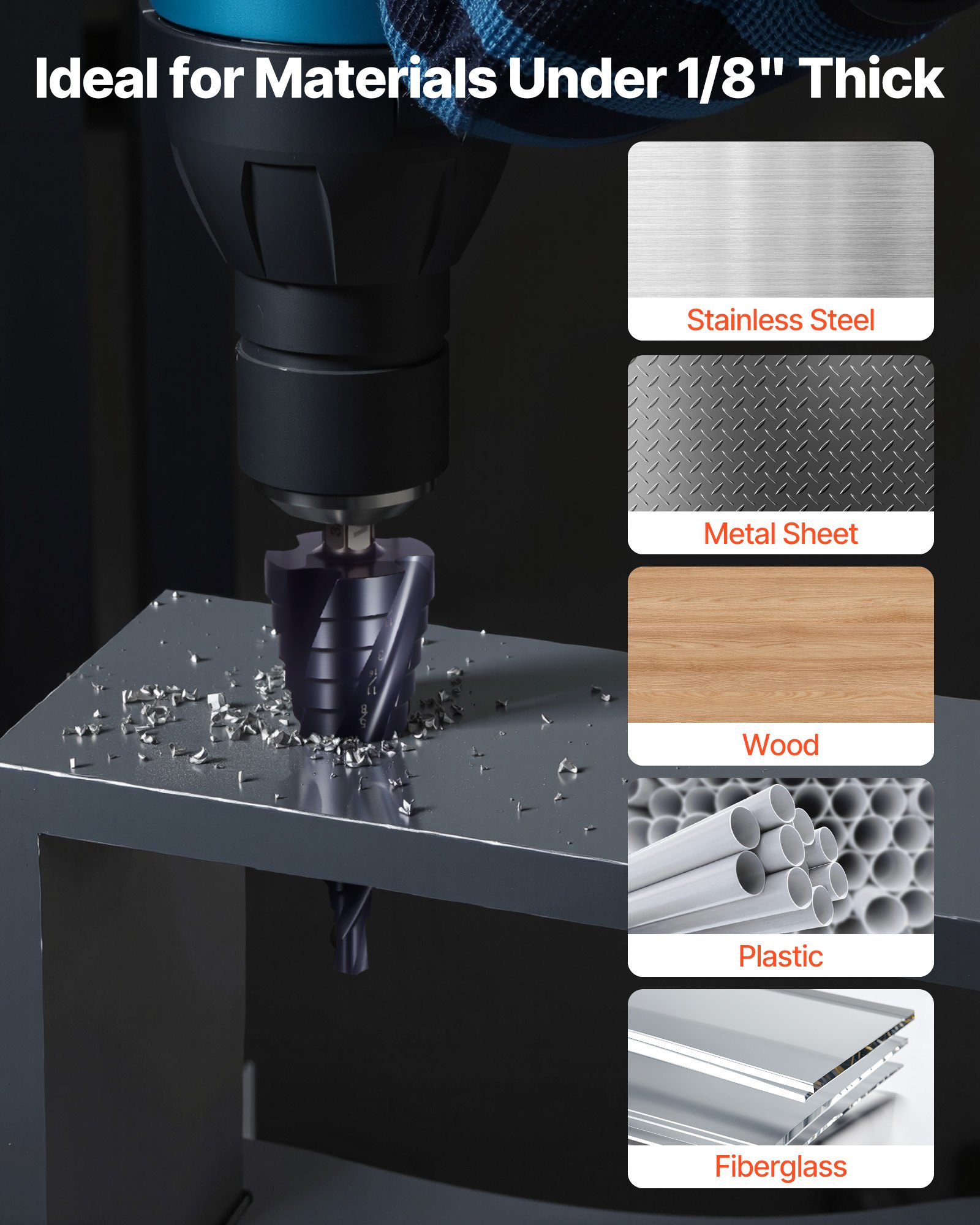 VEVOR Step Drill Bit, 3/16 to 7/8 inch, 1/4 inch Hex Shank, TiAlN Coating Cobalt HSS High Speed Steel, Four Spiral Flute Step Bit for Metal, Stainless Steel, Aluminum, Wood, Plastic, Fiberglass