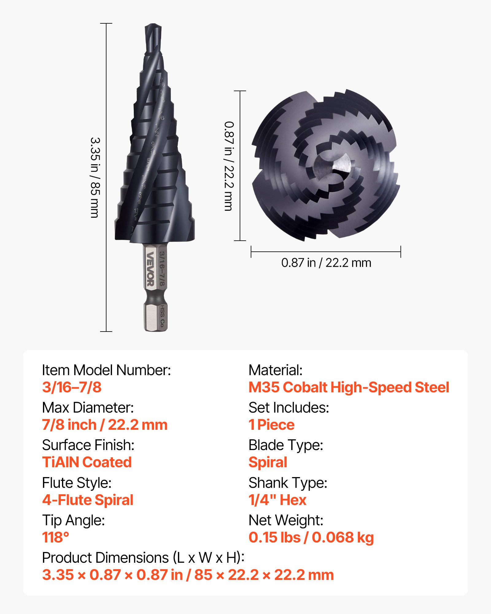 VEVOR Step Drill Bit, 3/16 to 7/8 inch, 1/4 inch Hex Shank, TiAlN Coating Cobalt HSS High Speed Steel, Four Spiral Flute Step Bit for Metal, Stainless Steel, Aluminum, Wood, Plastic, Fiberglass