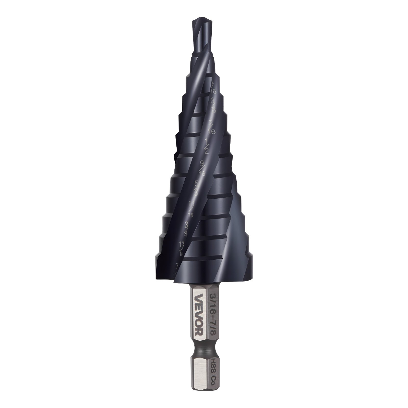 VEVOR Step Drill Bit, 3/16 to 7/8 inch, 1/4 inch Hex Shank, TiAlN Coating Cobalt HSS High Speed Steel, Four Spiral Flute Step Bit for Metal, Stainless Steel, Aluminum, Wood, Plastic, Fiberglass