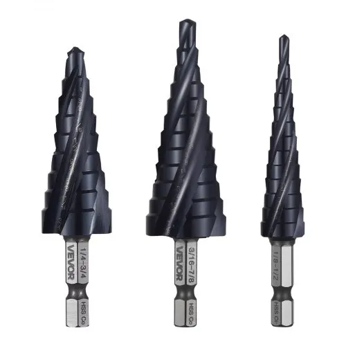 VEVOR Step Drill Bit Set, 1/8 - 7/8 inch, 3 Pieces Step Drill Bits, 1/4 inch Hex Shank, TiAlN Coating Cobalt HSS High Speed Steel, for Metal, Stainless Steel, Aluminum, Wood, Plastic, Fiberglass