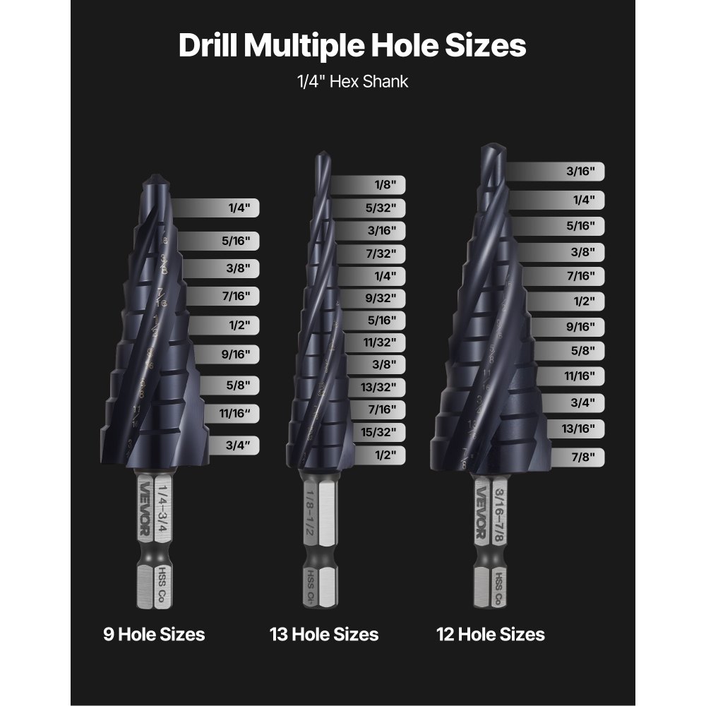 VEVOR Step Drill Bit Set, 3.2 - 22.2 mm, 3 Pieces Step Drill Bits, 6.35 mm Hex Shank, TiAlN Coating Cobalt HSS High Speed Steel, for Metal, Stainless Steel, Aluminum, Wood, Plastic, Fiberglass