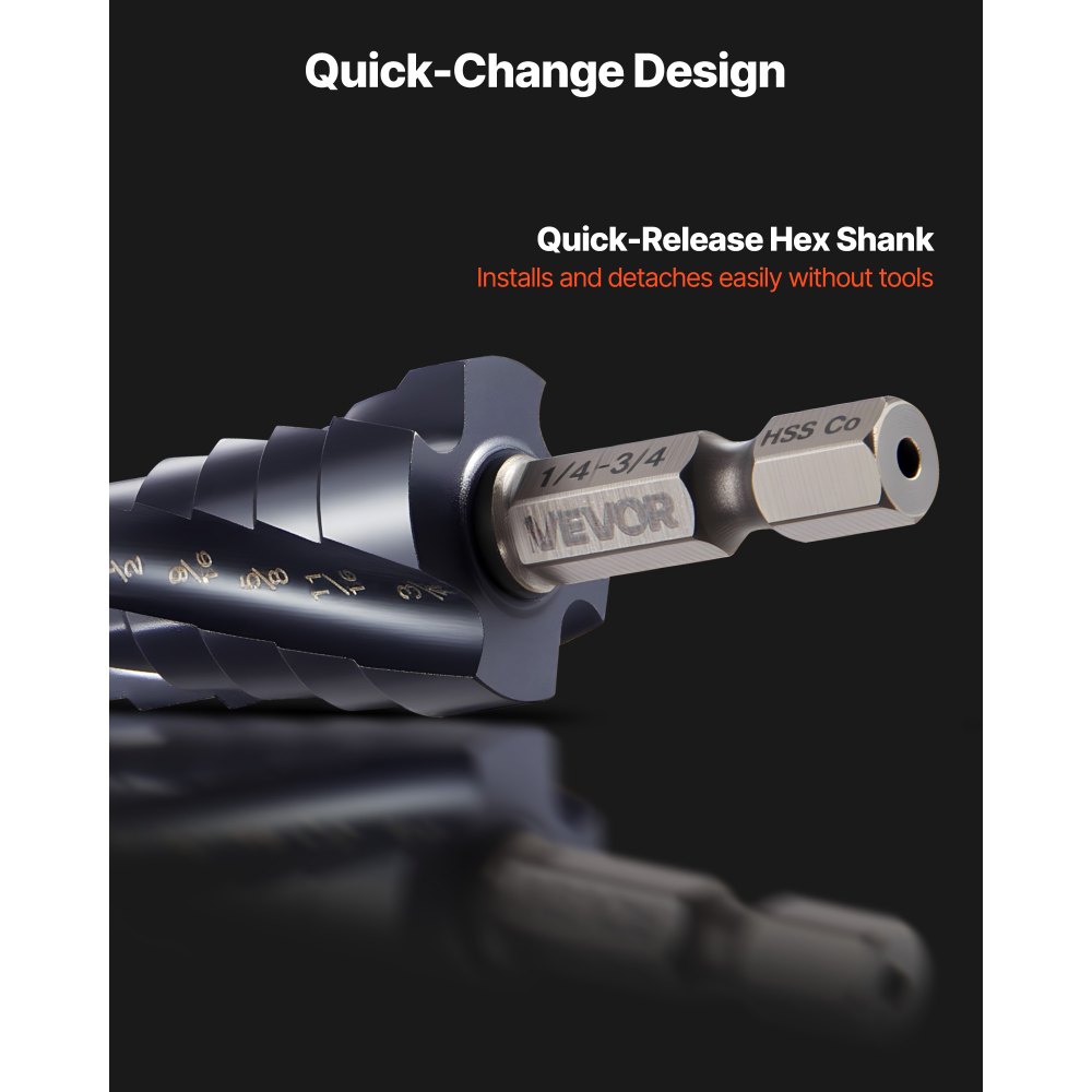 VEVOR Step Drill Bit Set, 3.2 - 22.2 mm, 3 Pieces Step Drill Bits, 6.35 mm Hex Shank, TiAlN Coating Cobalt HSS High Speed Steel, for Metal, Stainless Steel, Aluminum, Wood, Plastic, Fiberglass