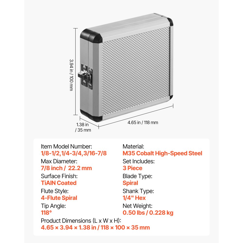 VEVOR Step Drill Bit Set, 3.2 - 22.2 mm, 3 Pieces Step Drill Bits, 6.35 mm Hex Shank, TiAlN Coating Cobalt HSS High Speed Steel, for Metal, Stainless Steel, Aluminum, Wood, Plastic, Fiberglass