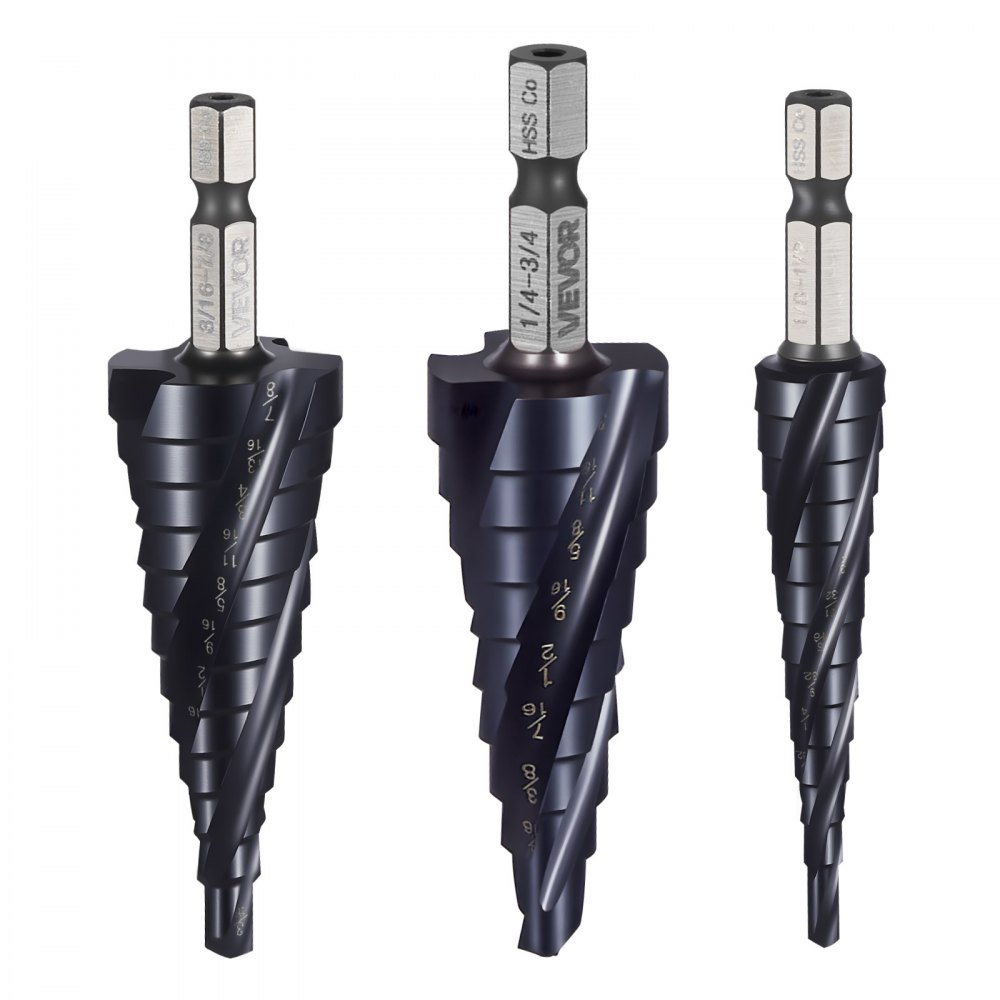 VEVOR Step Drill Bit Set, 3.2 - 22.2 mm, 3 Pieces Step Drill Bits, 6.35 mm Hex Shank, TiAlN Coating Cobalt HSS High Speed Steel, for Metal, Stainless Steel, Aluminum, Wood, Plastic, Fiberglass
