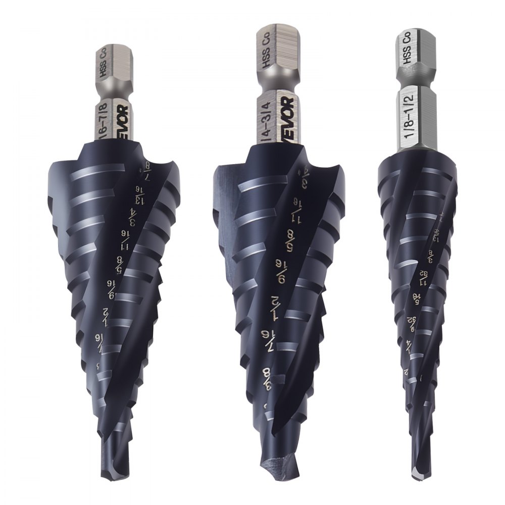 VEVOR Step Drill Bit Set, 3.2 - 22.2 mm, 3 Pieces Step Drill Bits, 6.35 mm Hex Shank, TiAlN Coating Cobalt HSS High Speed Steel, for Metal, Stainless Steel, Aluminum, Wood, Plastic, Fiberglass