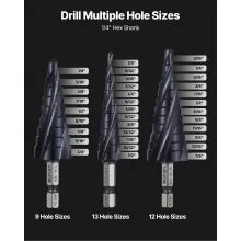 VEVOR Step Drill Bit Set Step Drill Bits 1/8 - 7/8 inch 3 Pcs High Speed Steel