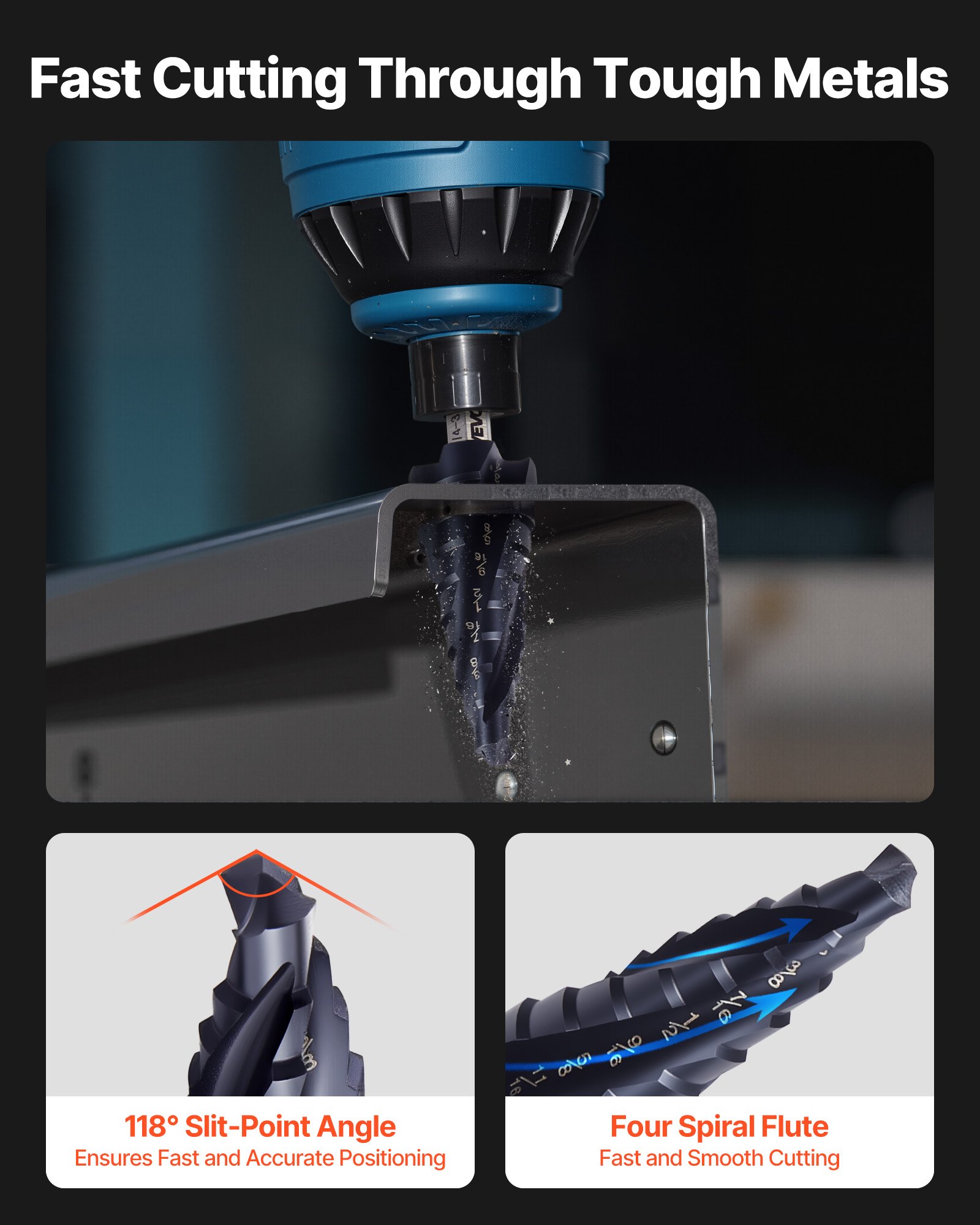 VEVOR Step Drill Bit Set, 3.2 - 22.2 mm, 3 Pieces Step Drill Bits, 6.35 mm Hex Shank, TiAlN Coating Cobalt HSS High Speed Steel, for Metal, Stainless Steel, Aluminum, Wood, Plastic, Fiberglass