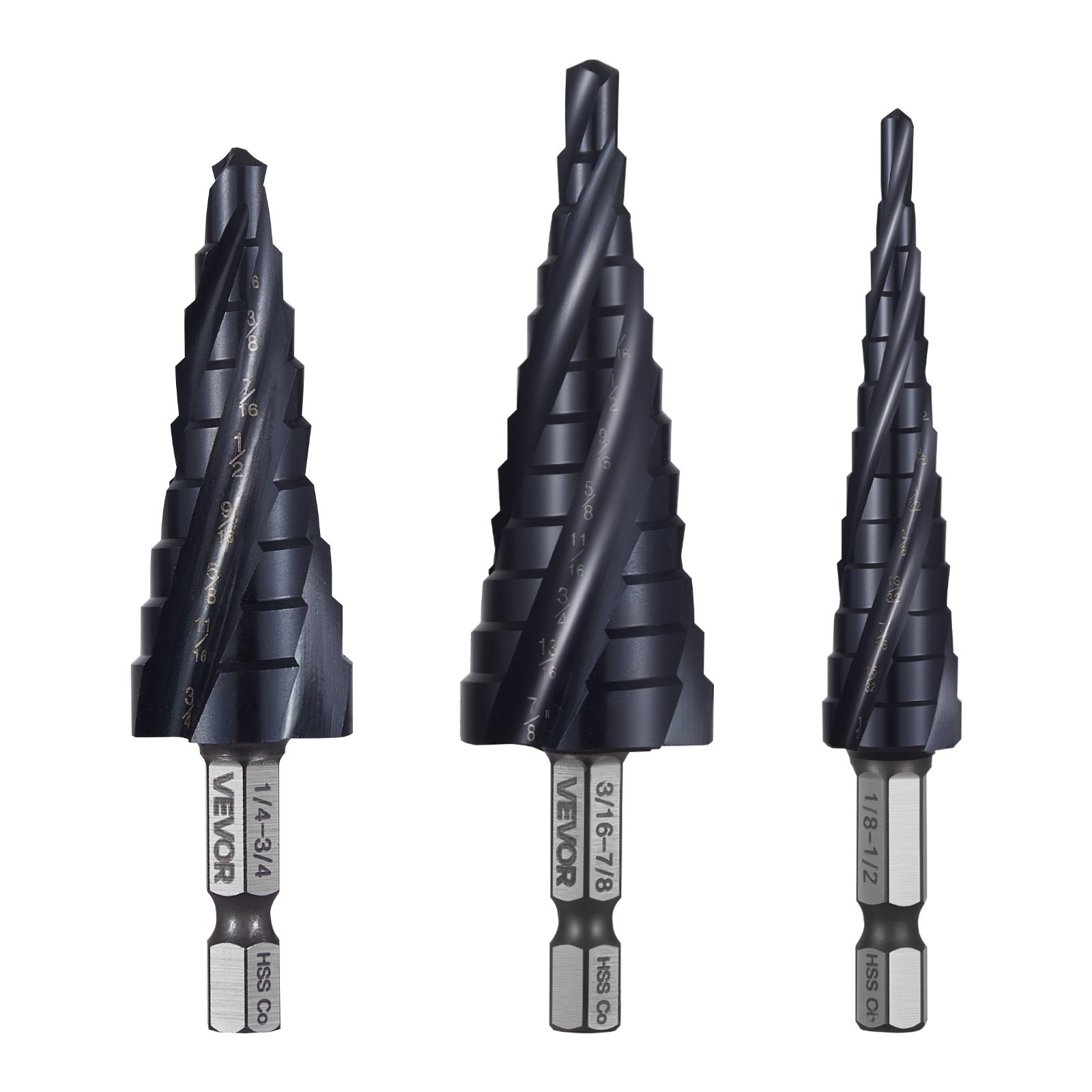 VEVOR Step Drill Bit Set, 3.2 - 22.2 mm, 3 Pieces Step Drill Bits, 6.35 mm Hex Shank, TiAlN Coating Cobalt HSS High Speed Steel, for Metal, Stainless Steel, Aluminum, Wood, Plastic, Fiberglass