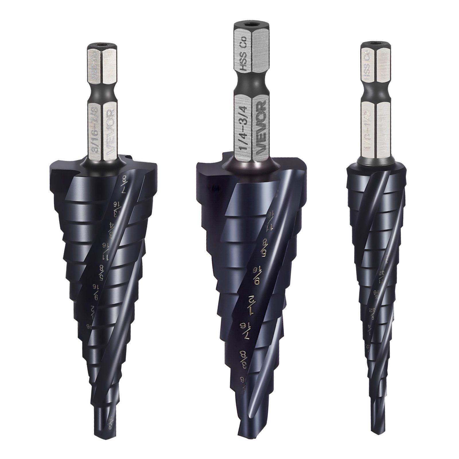 VEVOR Step Drill Bit Set, 3.2 - 22.2 mm, 3 Pieces Step Drill Bits, 6.35 mm Hex Shank, TiAlN Coating Cobalt HSS High Speed Steel, for Metal, Stainless Steel, Aluminum, Wood, Plastic, Fiberglass