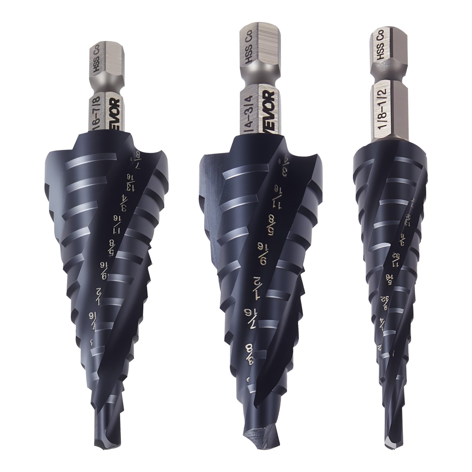 VEVOR Step Drill Bit Set, 3.2 - 22.2 mm, 3 Pieces Step Drill Bits, 6.35 mm Hex Shank, TiAlN Coating Cobalt HSS High Speed Steel, for Metal, Stainless Steel, Aluminum, Wood, Plastic, Fiberglass