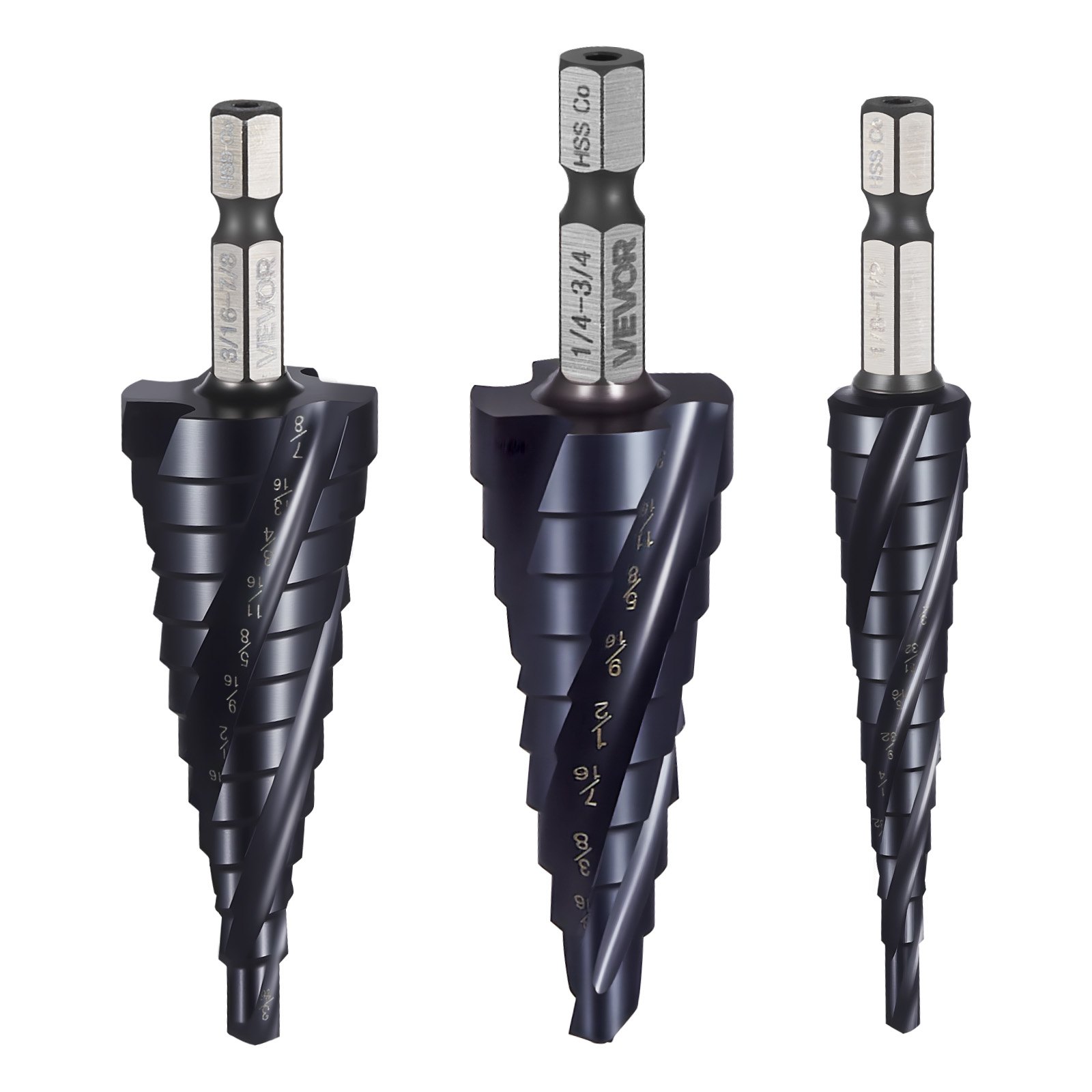 VEVOR Step Drill Bit Set, 3.2 - 22.2 mm, 3 Pieces Step Drill Bits, 6.35 mm Hex Shank, TiAlN Coating Cobalt HSS High Speed Steel, for Metal, Stainless Steel, Aluminum, Wood, Plastic, Fiberglass