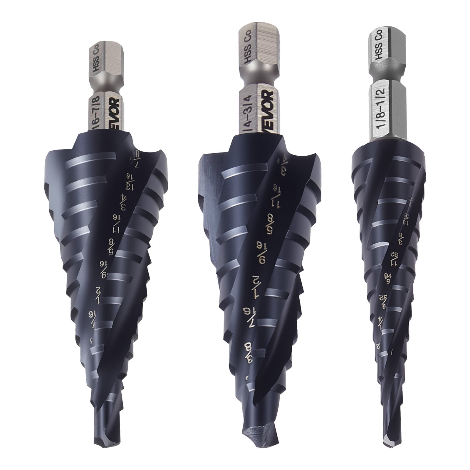 VEVOR Step Drill Bit Set, 3.2 - 22.2 mm, 3 Pieces Step Drill Bits, 6.35 mm Hex Shank, TiAlN Coating Cobalt HSS High Speed Steel, for Metal, Stainless Steel, Aluminum, Wood, Plastic, Fiberglass