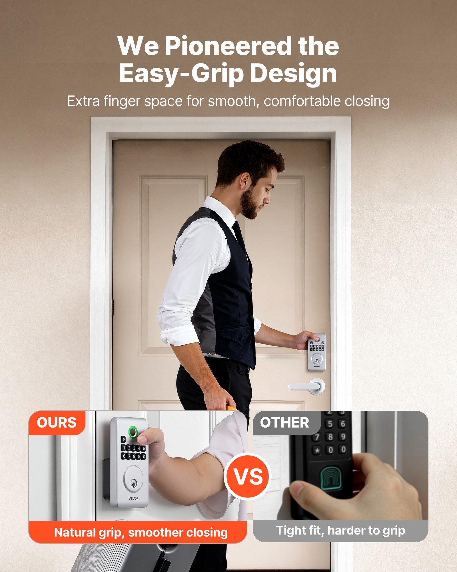 VEVOR Fingerprint Door Lock Set, Electronic Biometric Deadbolt Keyless Entry Door Lock with Handle, Pioneering Easy-Grip Design, Auto Locking, One-Time Code, Anti-Peeking Password, for Home, Silver