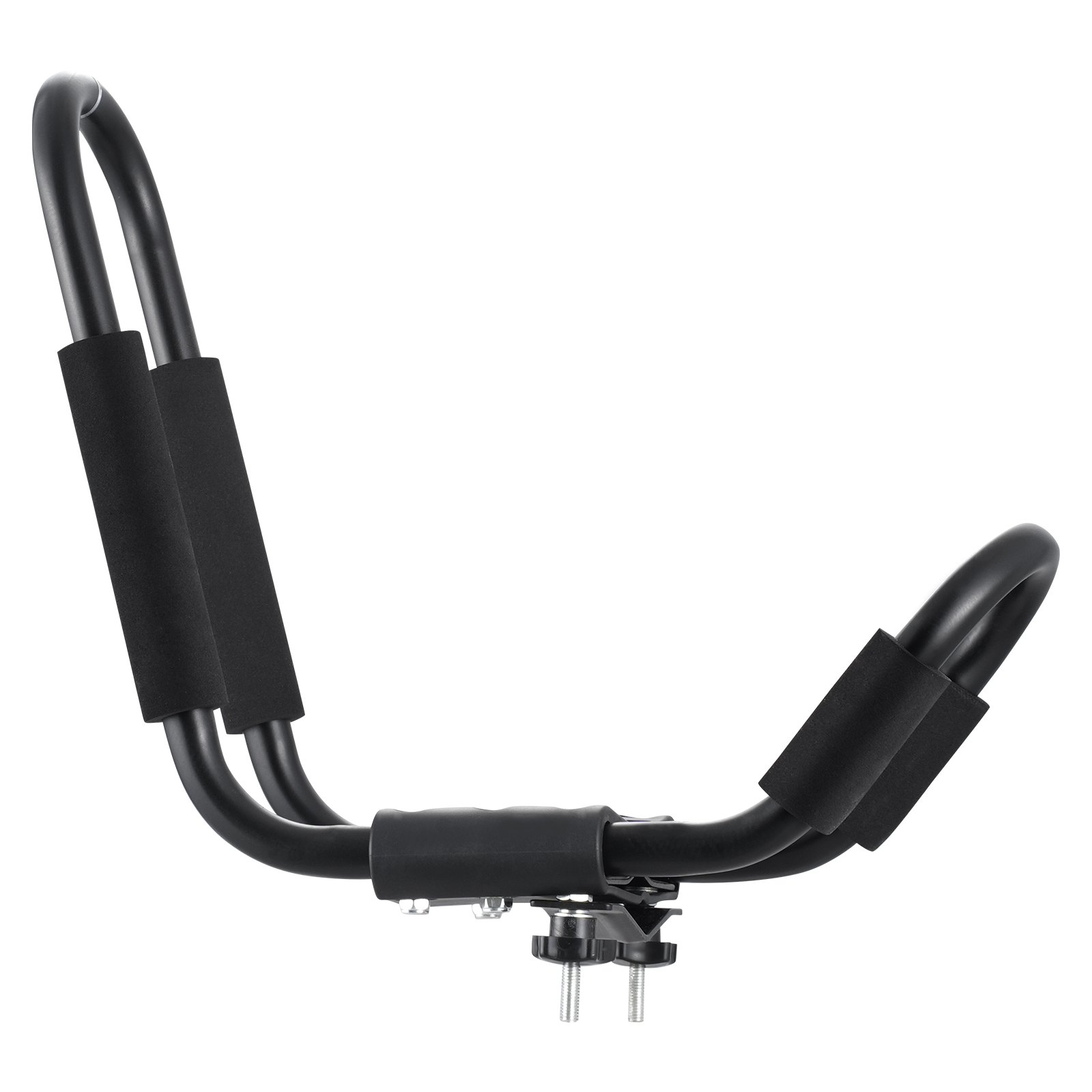 black j-shaped VEVOR kayak roof rack with foam padding for car roof, side view.