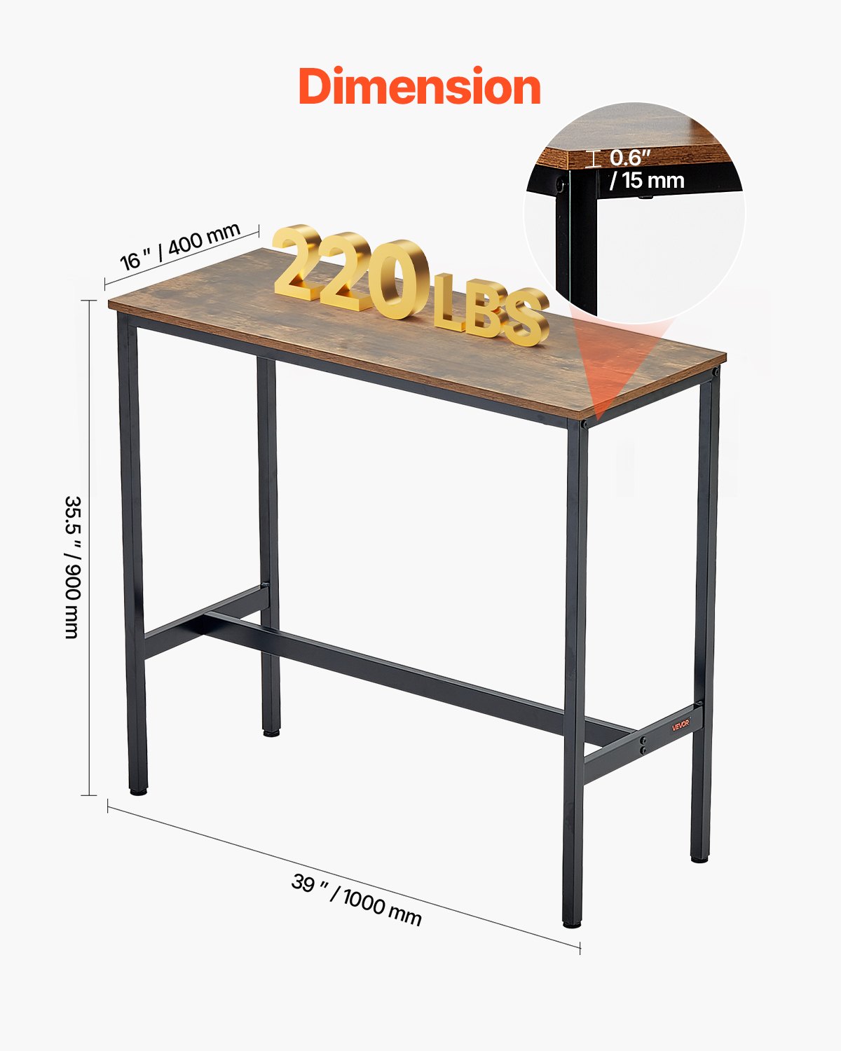 VEVOR Bar Table, Sturdy Metal Frame High Top Pub Table, Narrow Long Kitchen Dining, Cocktail Counter Bar Height Desk, Easy to Assemble,39x16x35.5 in, for Living Room Party, Rustic Brown and Black