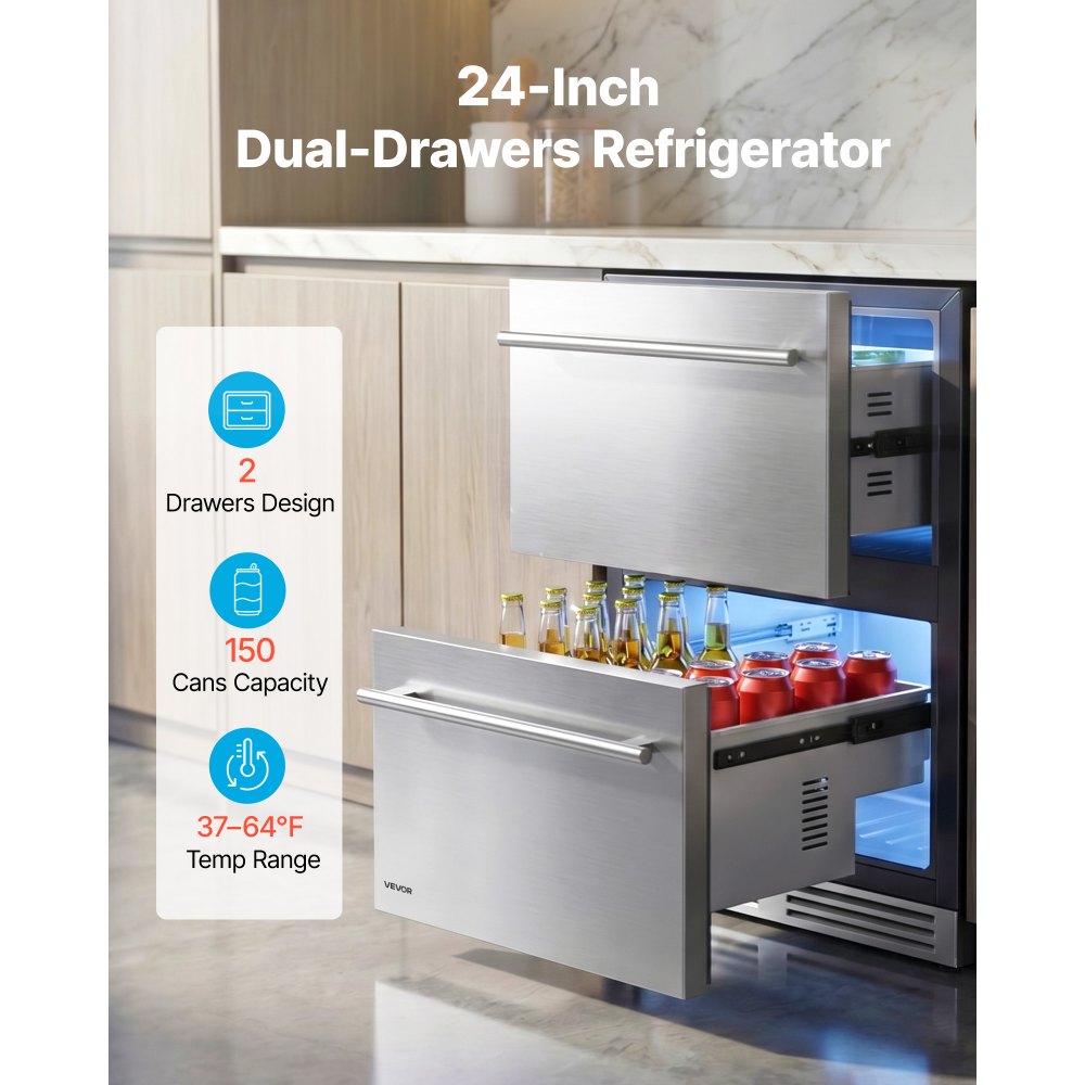 VEVOR Drawer Refrigerator, 24 in Undercounter Beverage Fridge, Large Capacity, Drink Cooler with 304 Stainless Steel Drawers, Temp Control, Powerful Compressor, for Kitchen, Office & Game Room