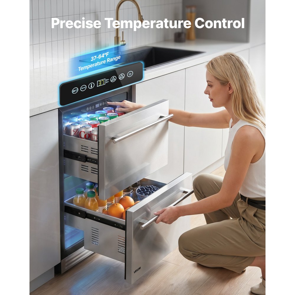 VEVOR Drawer Refrigerator, 24 in Undercounter Beverage Fridge, Large Capacity, Drink Cooler with 304 Stainless Steel Drawers, Temp Control, Powerful Compressor, for Kitchen, Office & Game Room