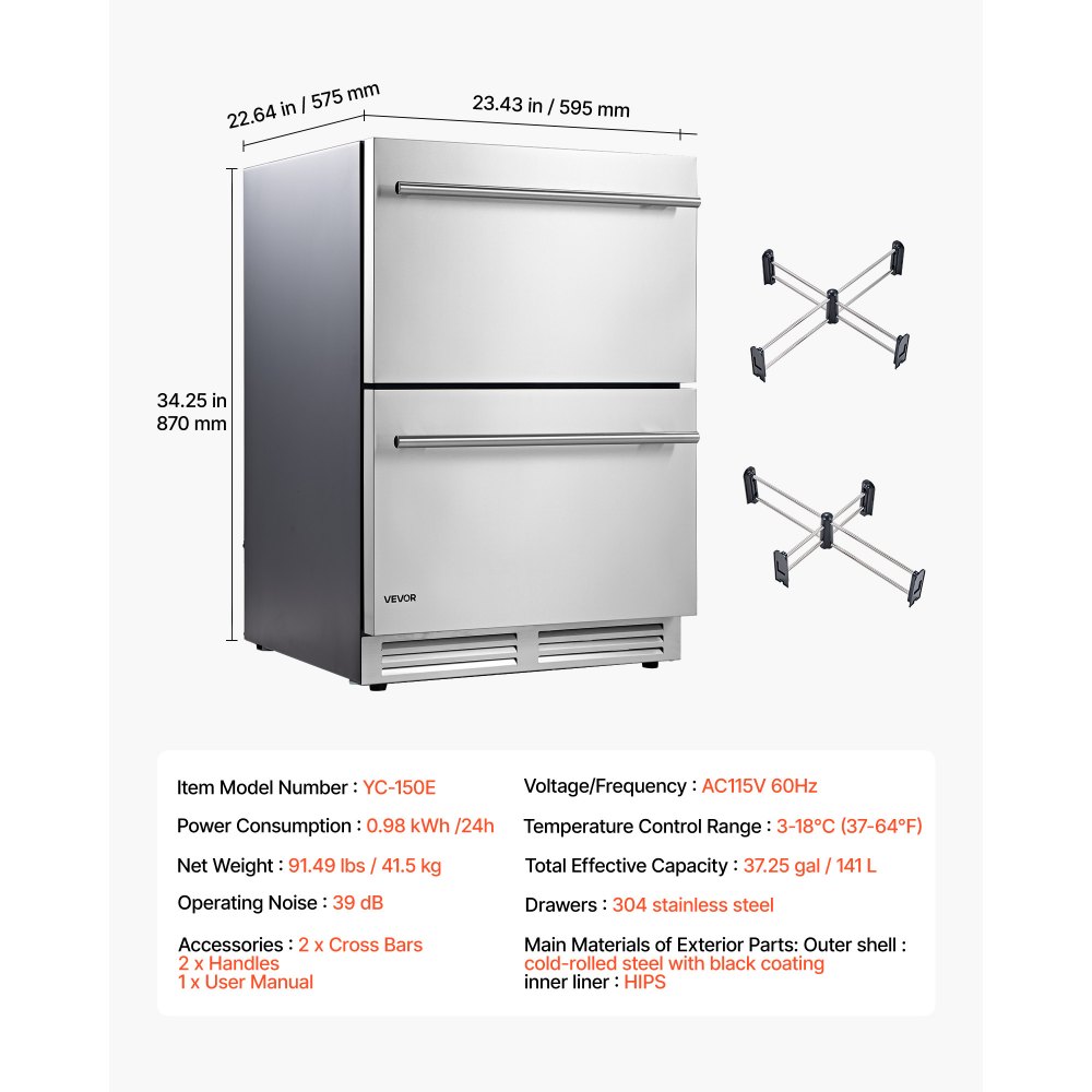 VEVOR Drawer Refrigerator, 24 in Undercounter Beverage Fridge, Large Capacity, Drink Cooler with 304 Stainless Steel Drawers, Temp Control, Powerful Compressor, for Kitchen, Office & Game Room