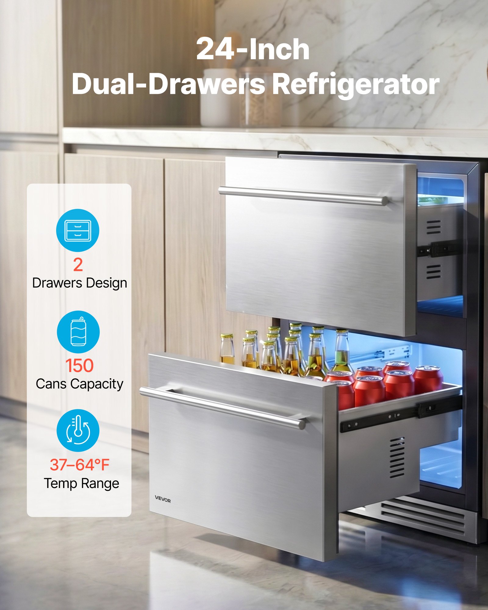 VEVOR Drawer Refrigerator, 24 in Undercounter Beverage Fridge, Large Capacity, Drink Cooler with 304 Stainless Steel Drawers, Temp Control, Powerful Compressor, for Kitchen, Office & Game Room
