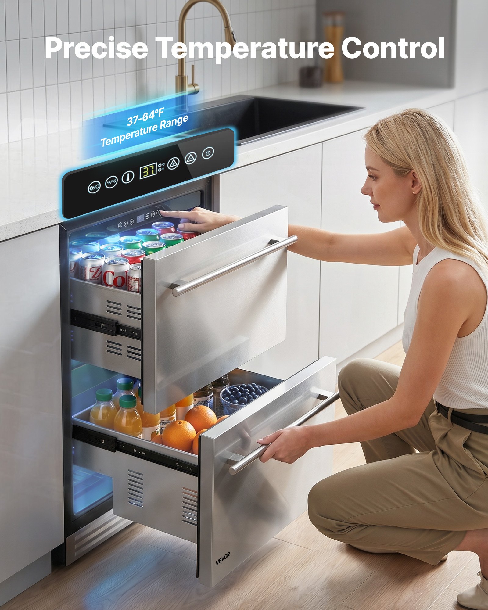 VEVOR Drawer Refrigerator, 24 in Undercounter Beverage Fridge, Large Capacity, Drink Cooler with 304 Stainless Steel Drawers, Temp Control, Powerful Compressor, for Kitchen, Office & Game Room