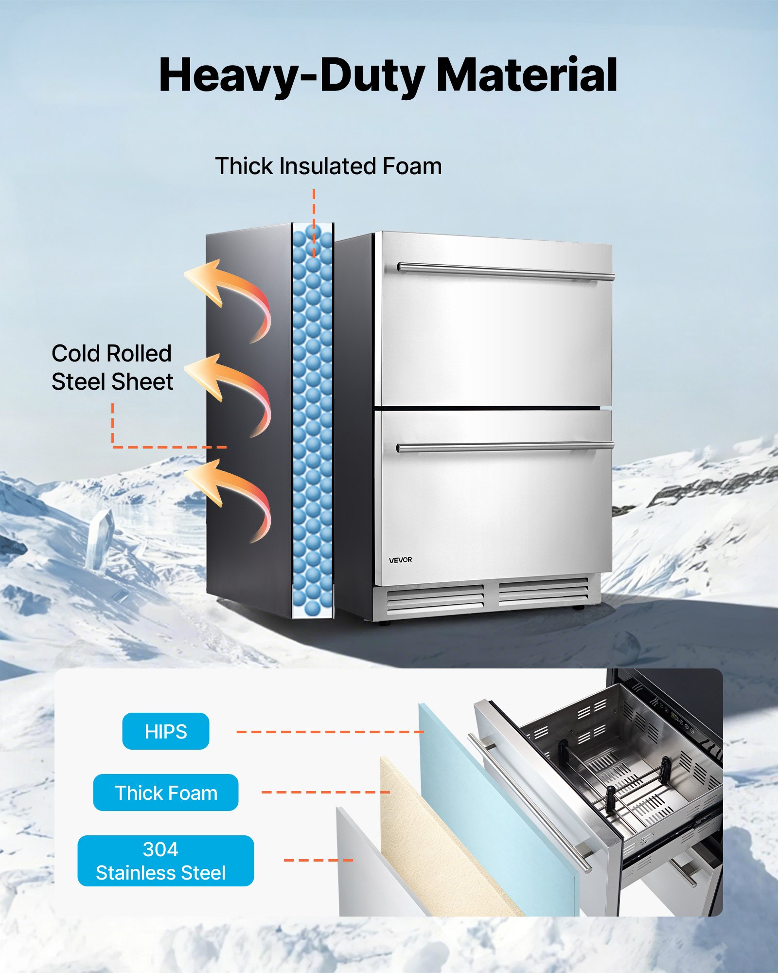 VEVOR Drawer Refrigerator, 24 in Undercounter Beverage Fridge, Large Capacity, Drink Cooler with 304 Stainless Steel Drawers, Temp Control, Powerful Compressor, for Kitchen, Office & Game Room