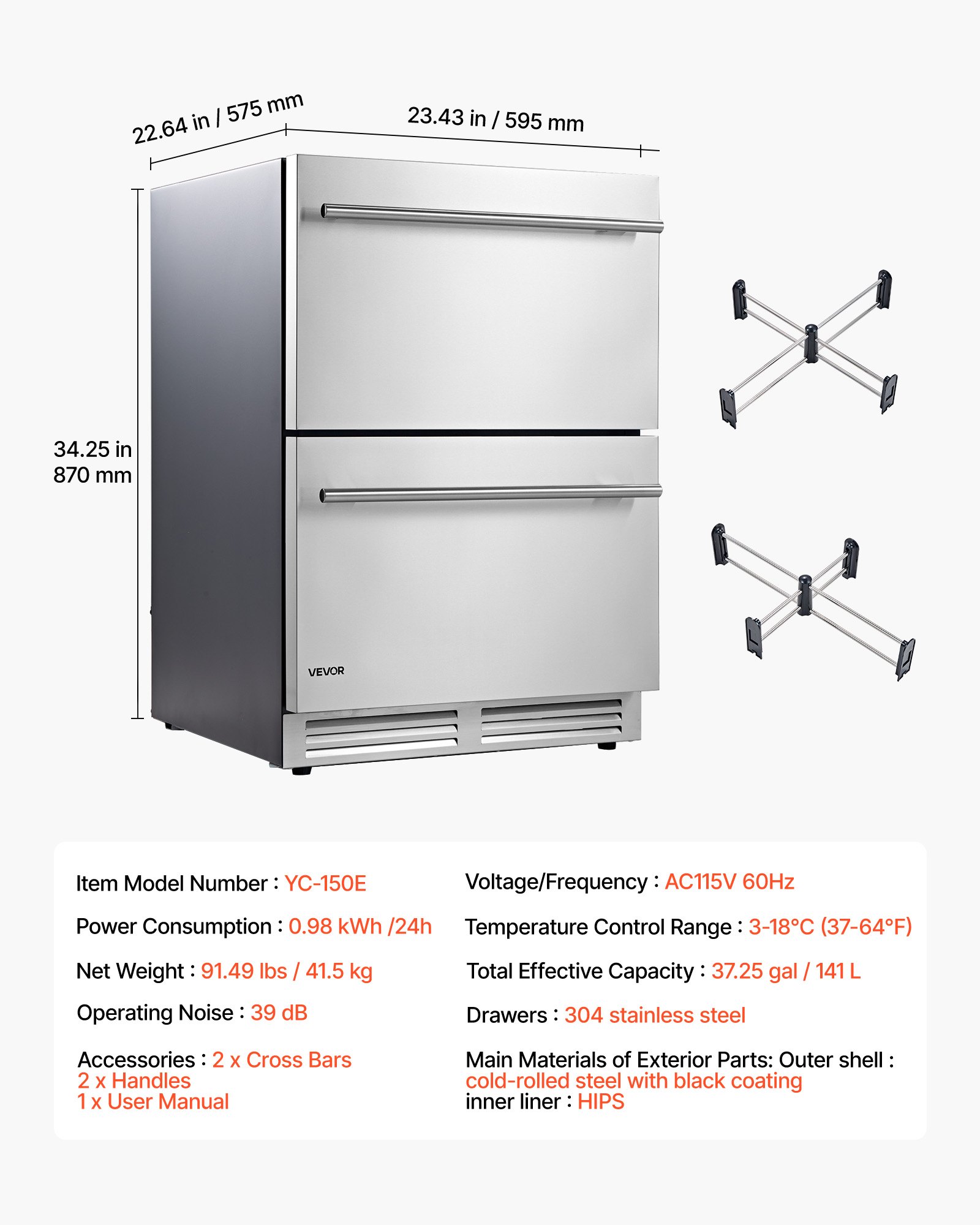 VEVOR Drawer Refrigerator, 24 in Undercounter Beverage Fridge, Large Capacity, Drink Cooler with 304 Stainless Steel Drawers, Temp Control, Powerful Compressor, for Kitchen, Office & Game Room