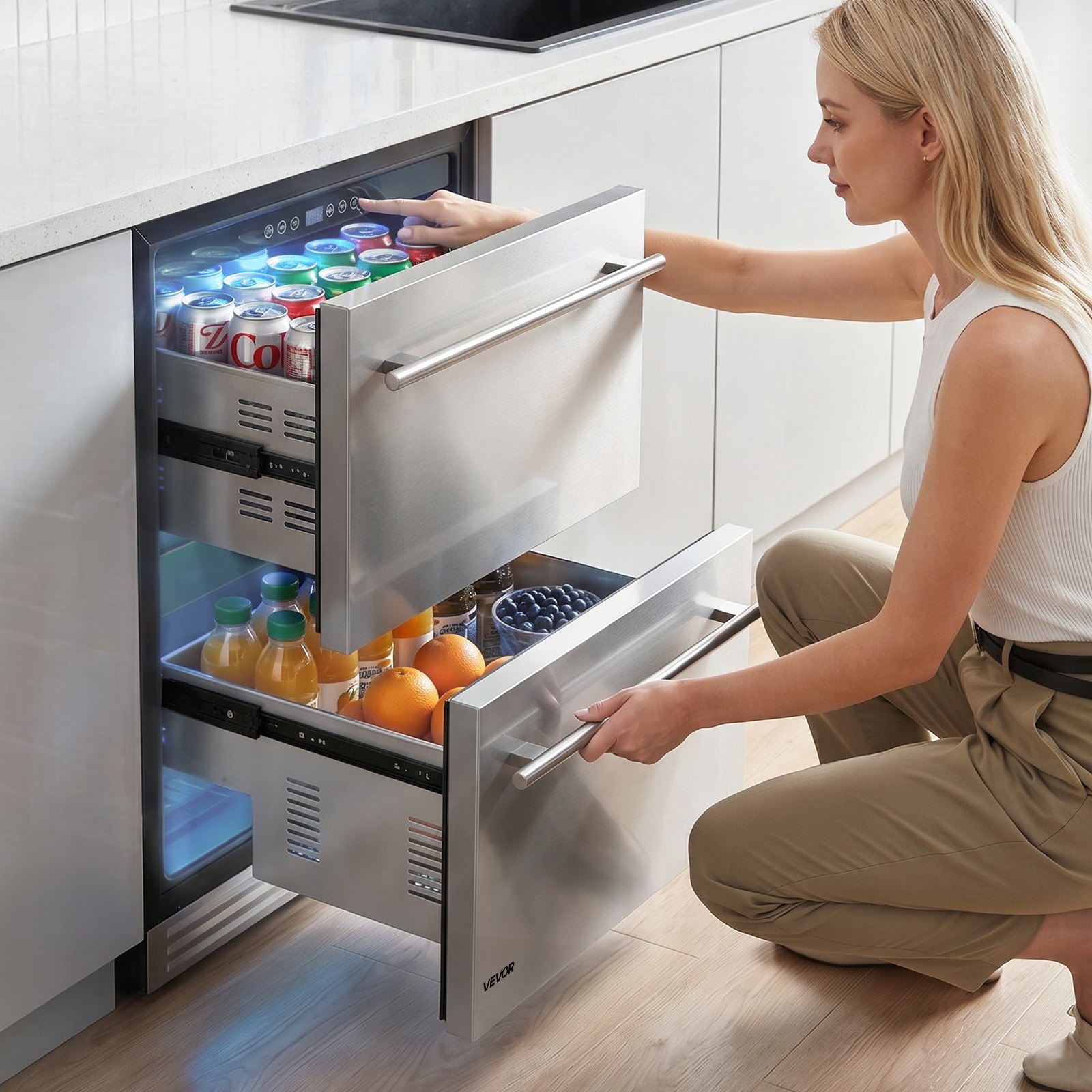 VEVOR Drawer Refrigerator, 24 in Undercounter Beverage Fridge, Large Capacity, Drink Cooler with 304 Stainless Steel Drawers, Temp Control, Powerful Compressor, for Kitchen, Office & Game Room