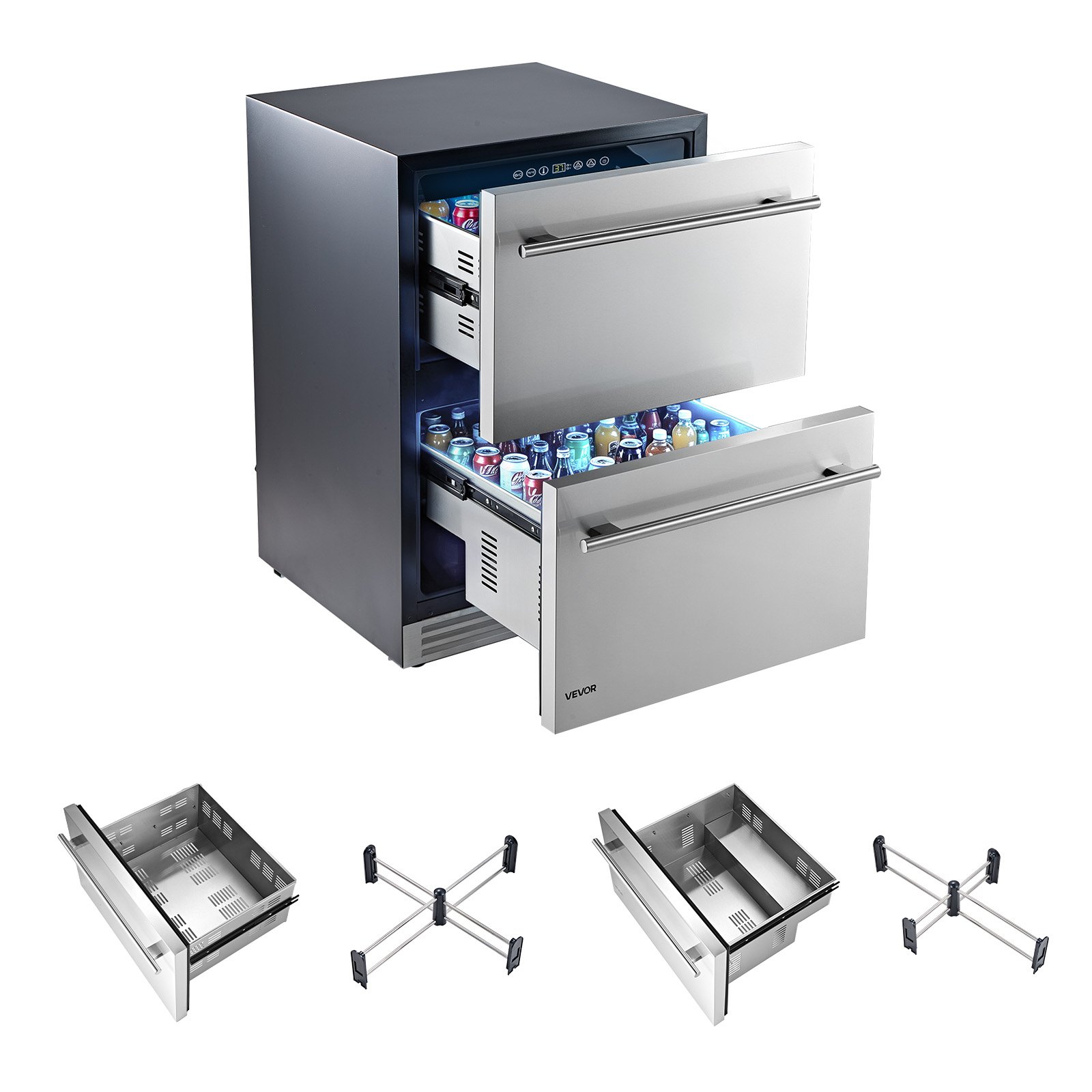 VEVOR Drawer Refrigerator, 24 in Undercounter Beverage Fridge, Large Capacity, Drink Cooler with 304 Stainless Steel Drawers, Temp Control, Powerful Compressor, for Kitchen, Office & Game Room