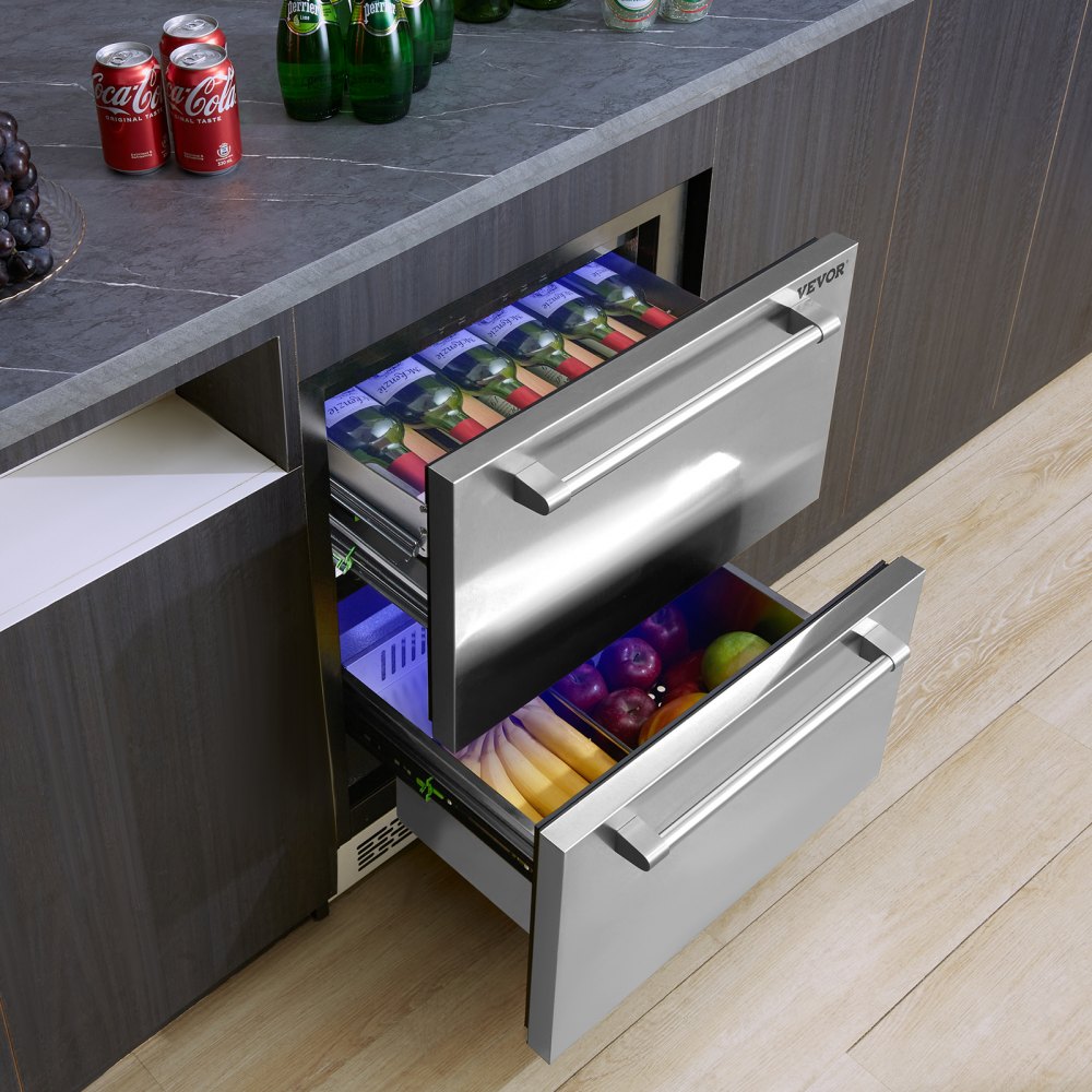 VEVOR 24" Undercounter Refrigerator, 2 Drawer Wine Refrigerator with Different Temperature, 4.87 Cu.ft. Capacity, Waterproof Indoor and Outdoor Under Counter Drawer Fridge for Home and Commercial Use