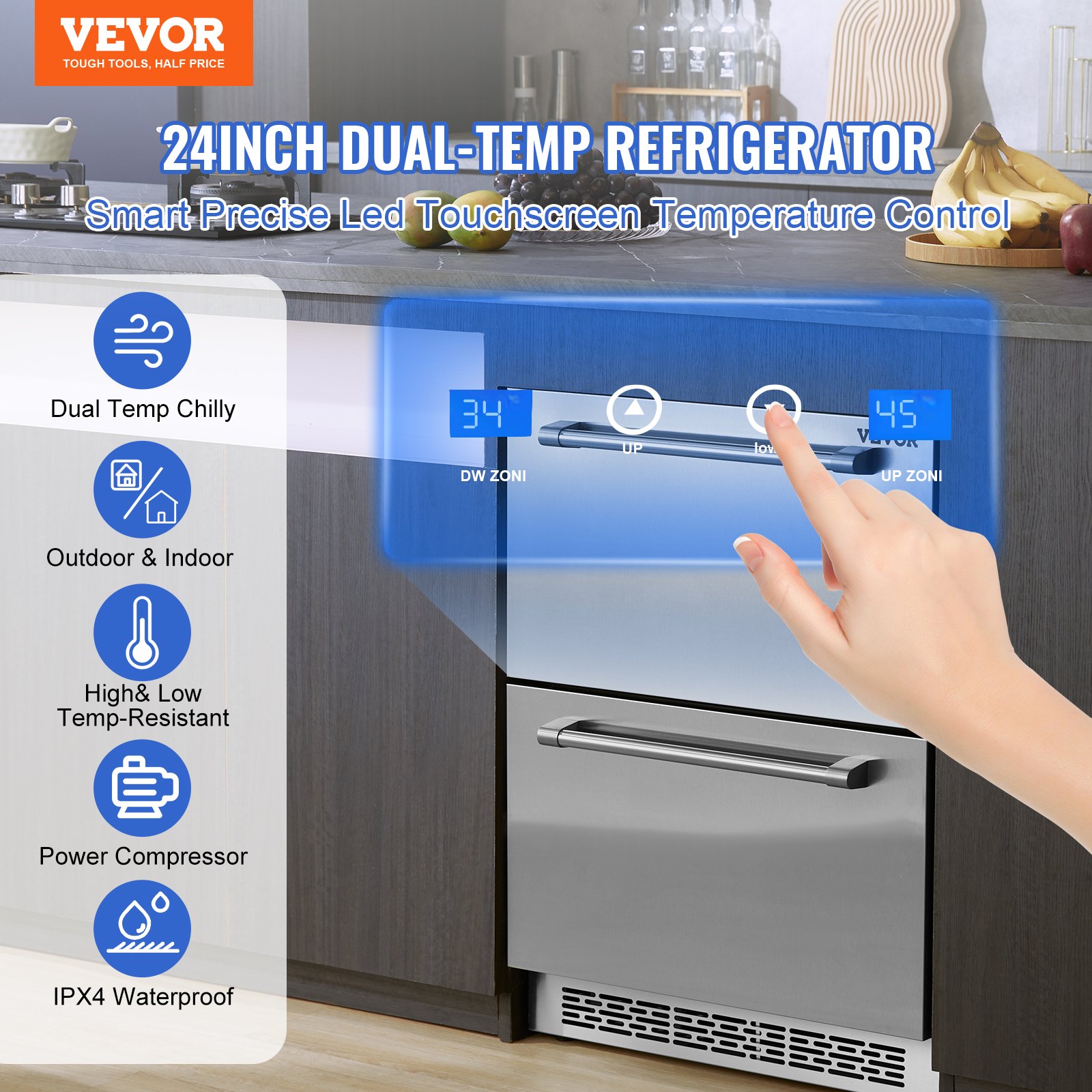 VEVOR 24" Undercounter Refrigerator, 2 Drawer Wine Refrigerator with Different Temperature, 4.87 Cu.ft. Capacity, Waterproof Indoor and Outdoor Under Counter Drawer Fridge for Home and Commercial Use