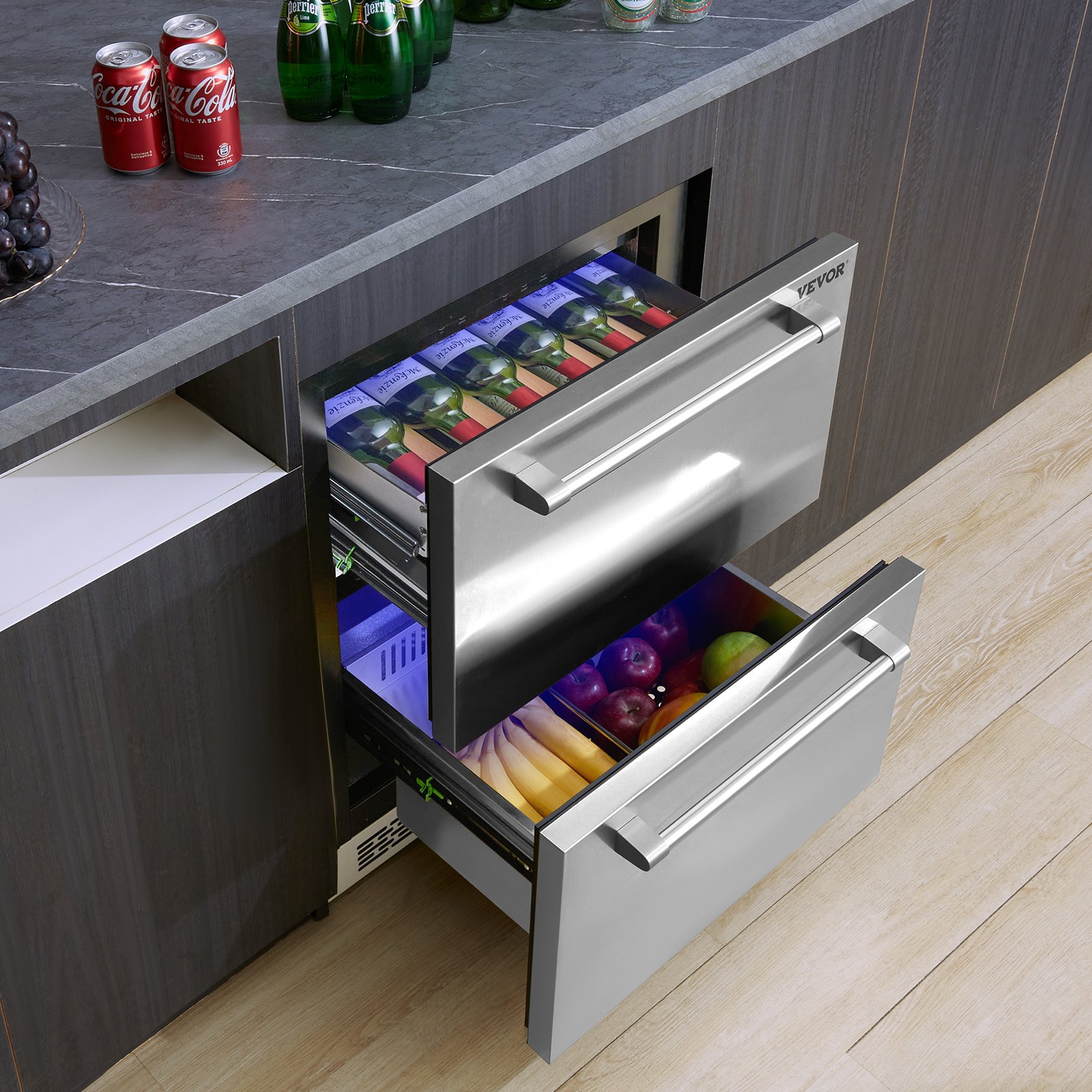 VEVOR 24" Undercounter Refrigerator, 2 Drawer Wine Refrigerator with Different Temperature, 4.87 Cu.ft. Capacity, Waterproof Indoor and Outdoor Under Counter Drawer Fridge for Home and Commercial Use