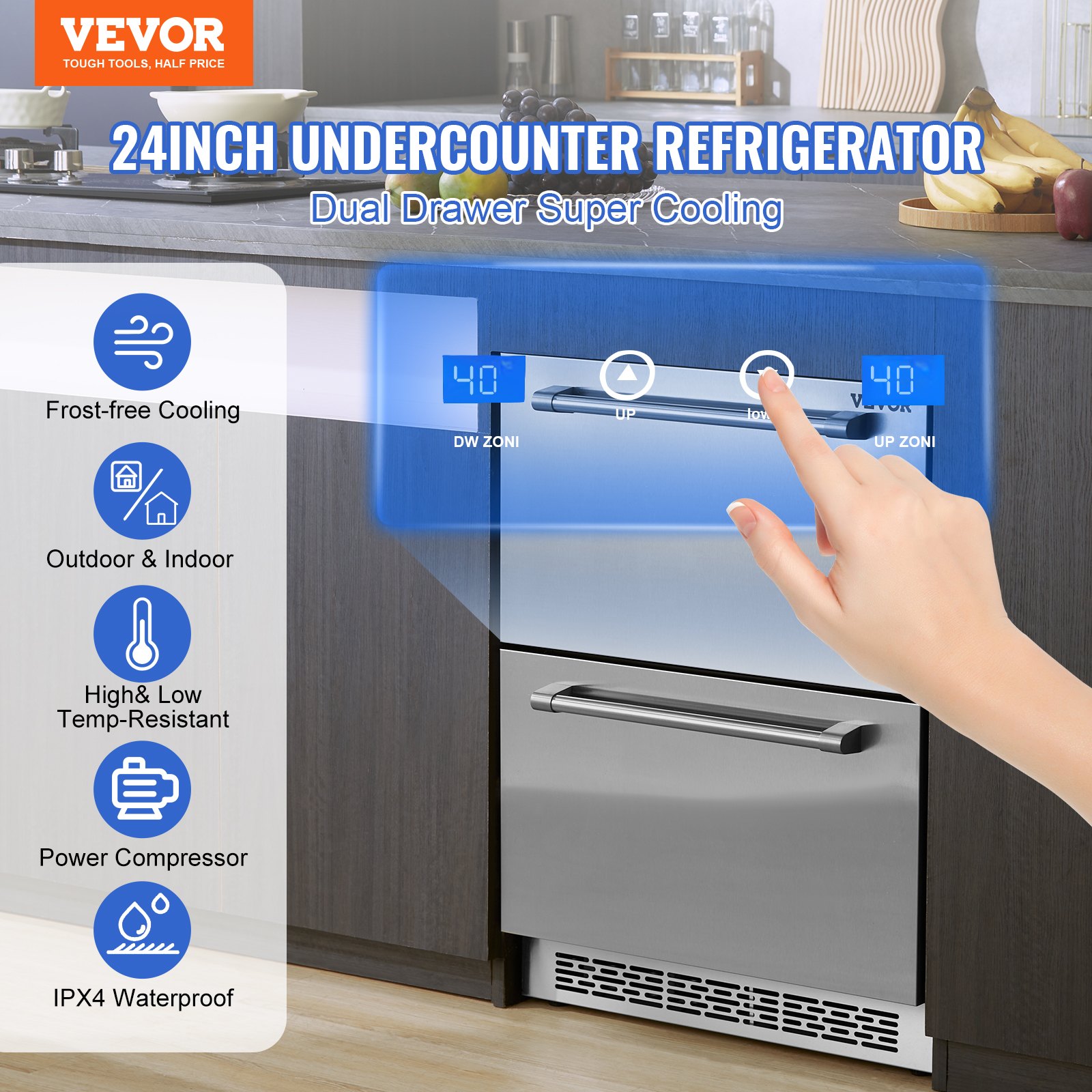 24" Undercounter Refrigerator, 2 Drawer Built-in Beverage Refrigerator with Touch Panel, 5.12 Cu.ft. Capacity, Waterproof Indoor and Outdoor Under Counter Fridge for Home and Commercial Use 24" Undercounter Refrigerator, 2 Drawer Built-in Beverage Refrigerator with Touch Panel, 5.12 Cu.ft. Capacity, Waterproof Indoor and Outdoor Under Counter Fridge for Home and Commercial Use