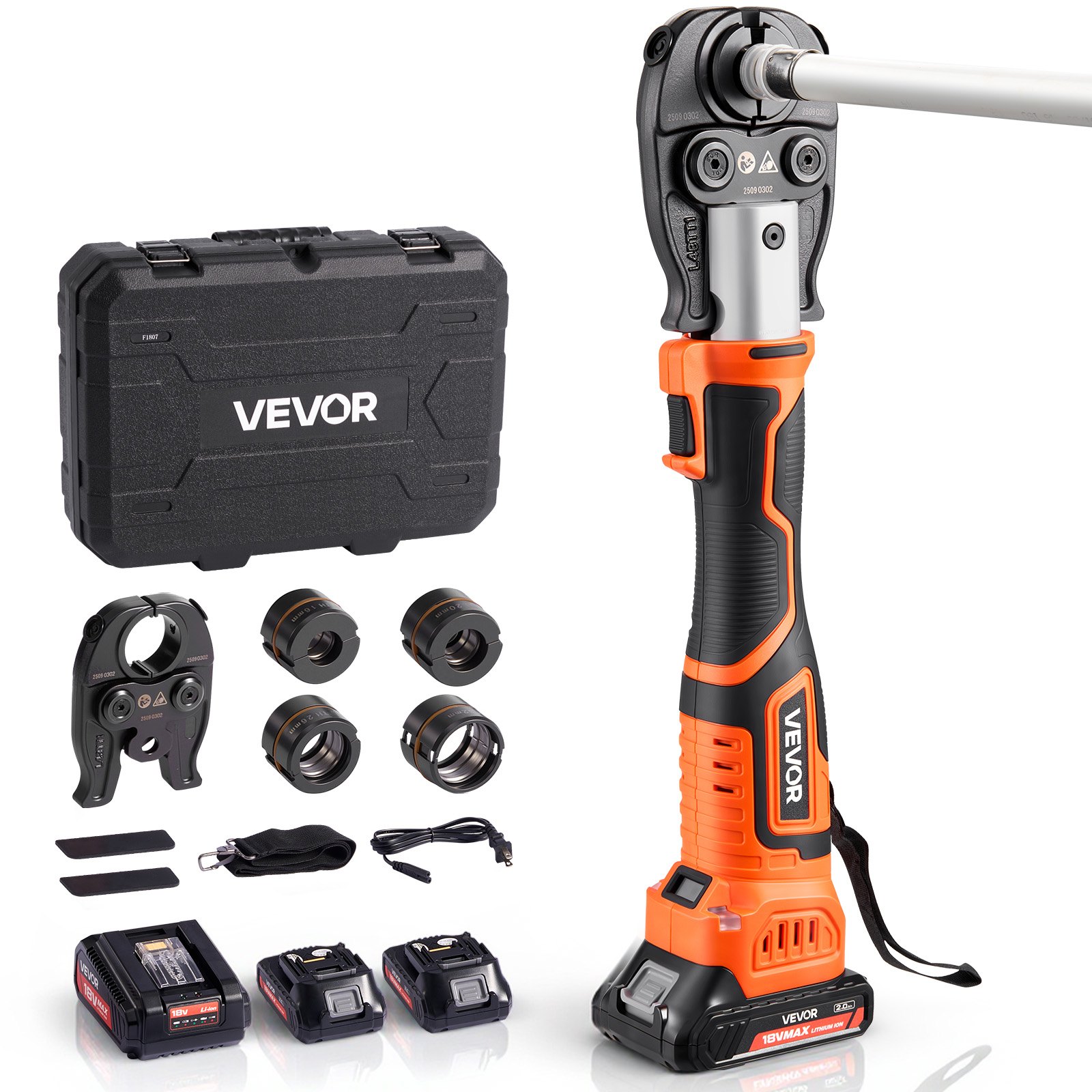 VEVOR Cordless Pipe Press Tool Kit, 18V Electric Pipe Crimping Tool for PEX & Aluminum-Plastic Tubes - with TH16 TH20 TH26 TH32 Press Jaws, 2pcs 2AH Batteries, Fast Charger & Carrying Case