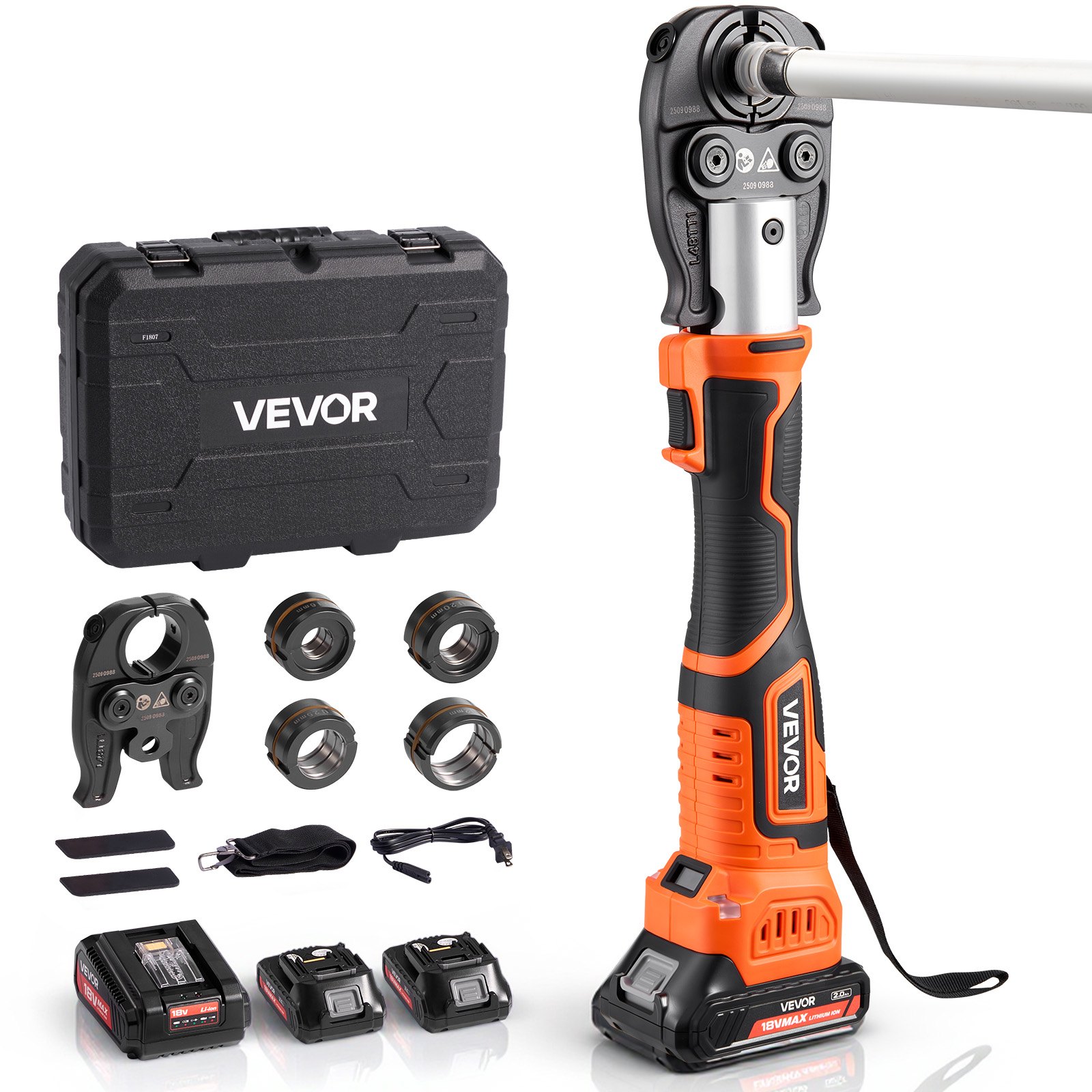 VEVOR Cordless Pipe Press Tool Kit, 18V Electric Pipe Crimping Tool for PEX & Aluminum-Plastic Tubes - with U16, U20, U25, U32 Press Jaws, 2pcs 2AH Batteries, Fast Charger & Carrying Case