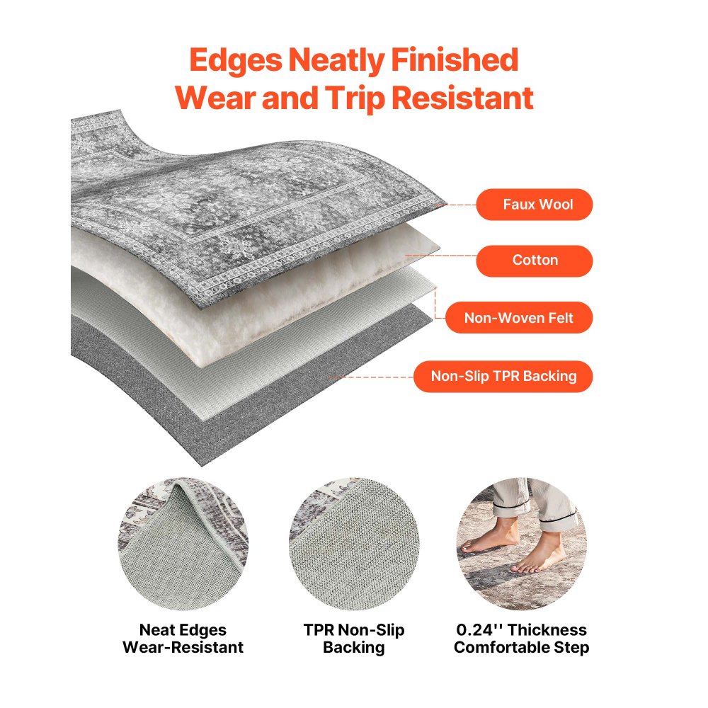 VEVOR Area Rug, 2438.4x3048 mm Large Washable Rug, Non-Slip Tear-Resistant Soft Carpet, Pet & Child Friendly Vintage Area Rugs, Indoor Mat for Bedroom, Living Room, Kids Room, Entryway, Office, Gray